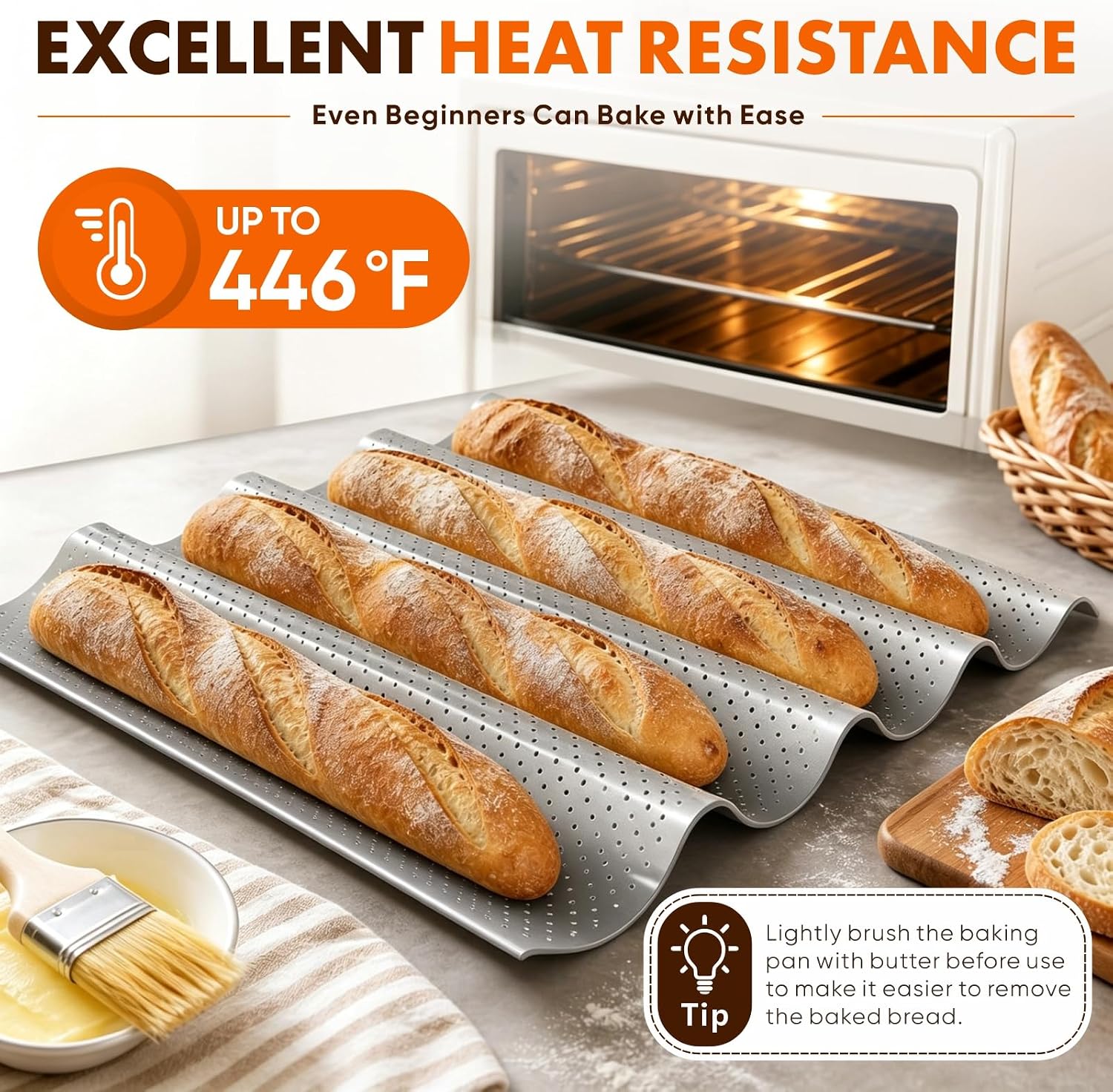 Baguette Bread Pan, 2-Pack 4-Slot Nonstick French Bread Pans, Silver