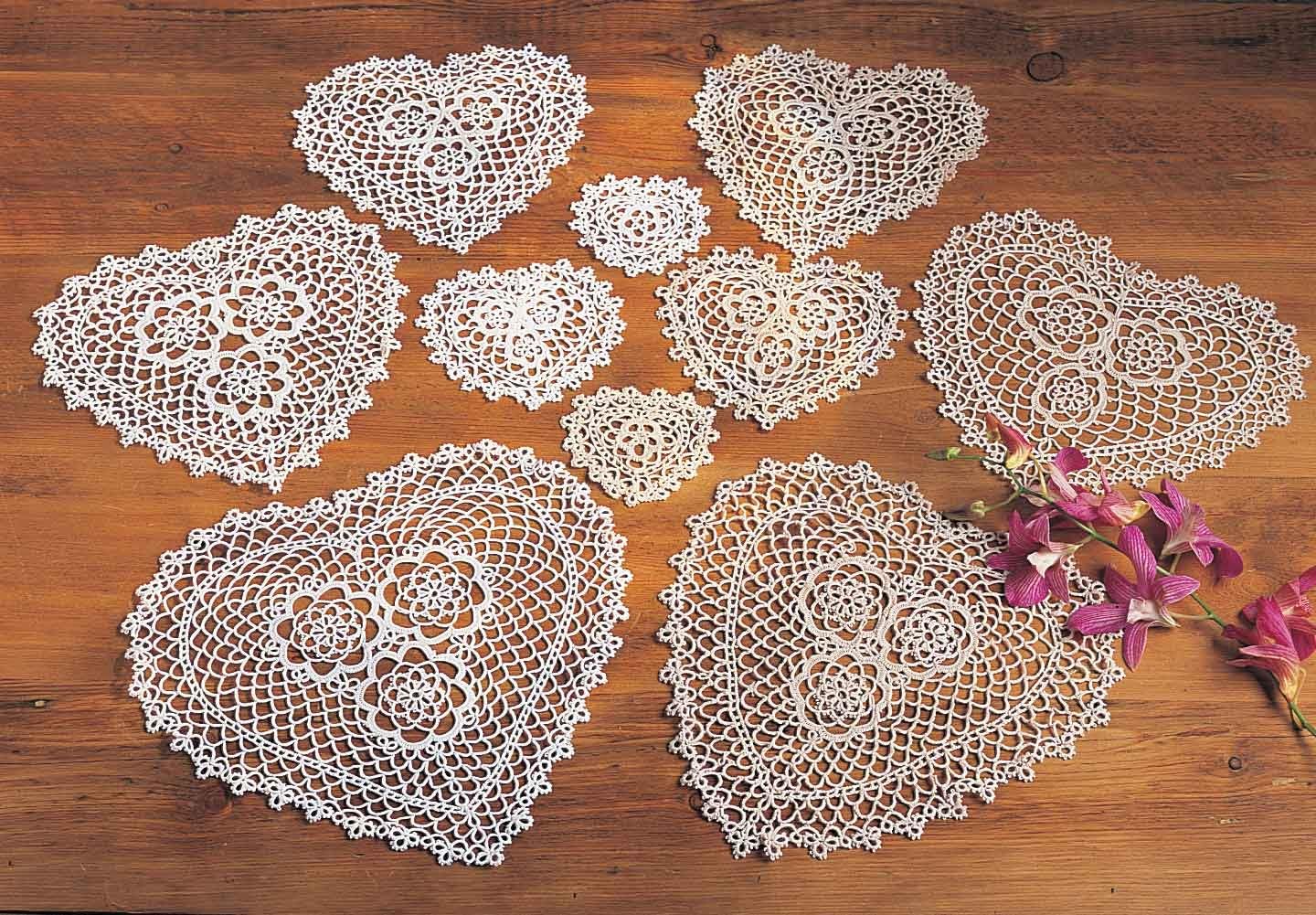 TCC Materials Handmade All-Over Tatting Lace Crochet Doily. 100% Cotton Knitted. Ecru, 8 Inch Heart. Set of Two.