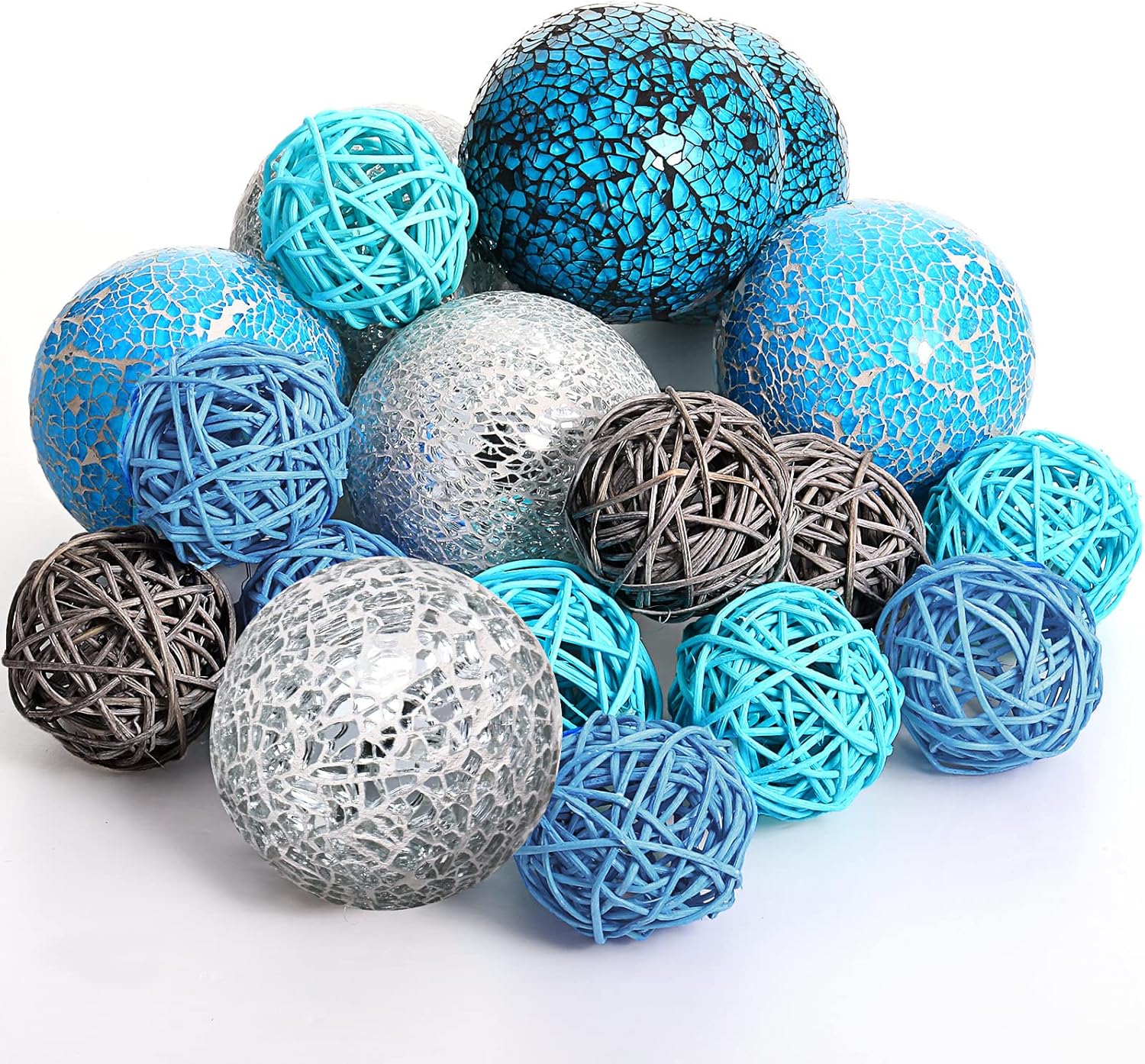 Jetec 18 Pcs Blue Decorative Balls for Bowls Centerpiece 6 Mosaic Sphere Glass Orbs 12 Wicker Rattan Balls Set for Home Vase Bowl Garden Wedding Party Decoration