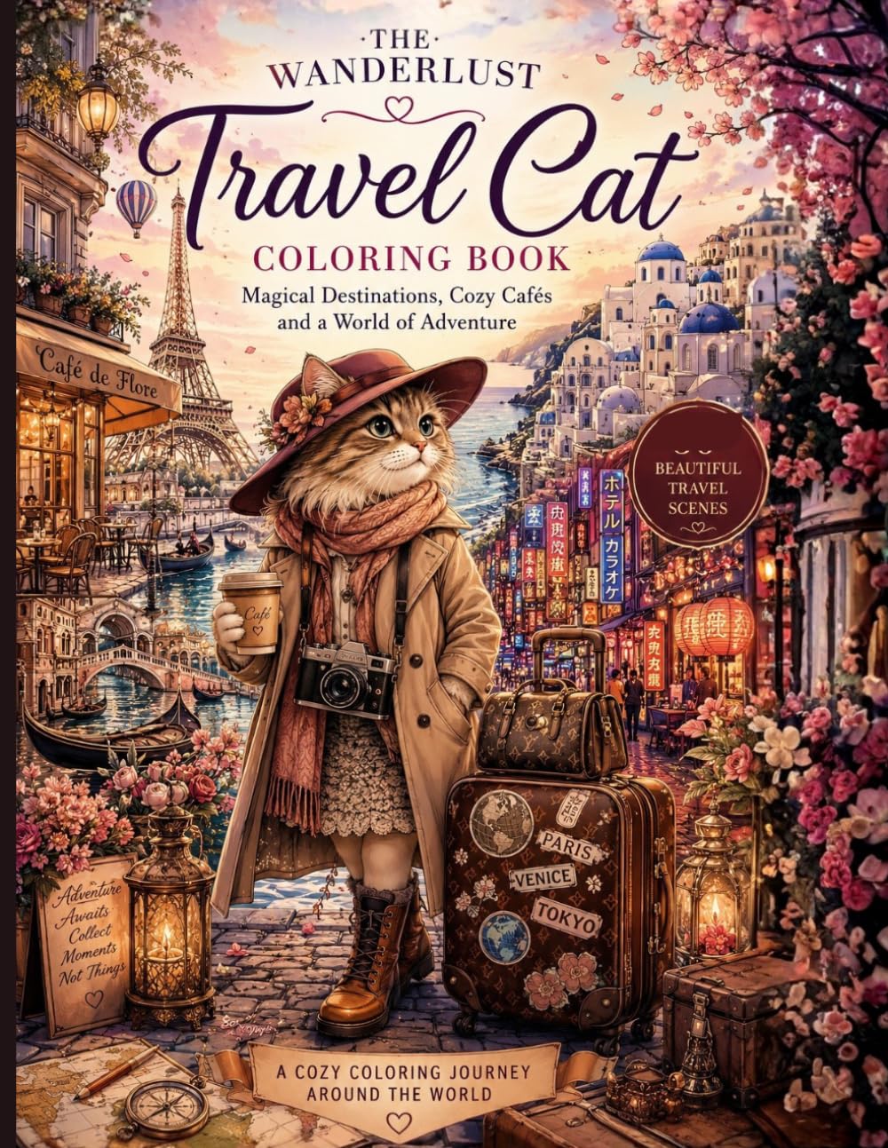 The Traveling Cat Coloring Book: Cozy and Detailed Adventures Around the World for Adults