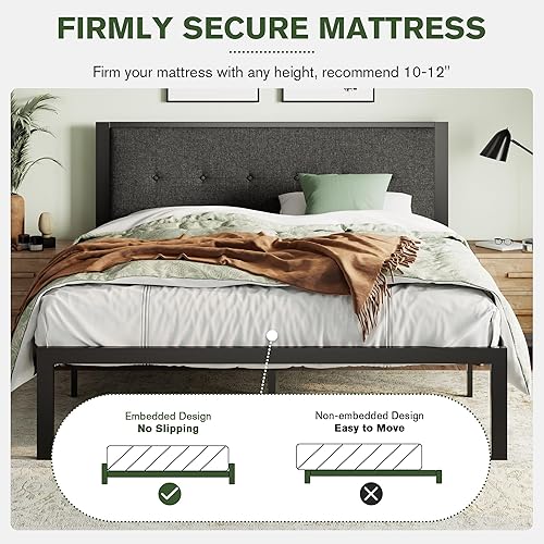 Miniatura 7 de IMUsee Base de cama de plataforma resistente tamaño Queen con cabecera tapizada con botones, 17 listones de metal fuerte, espacio de almacenamiento