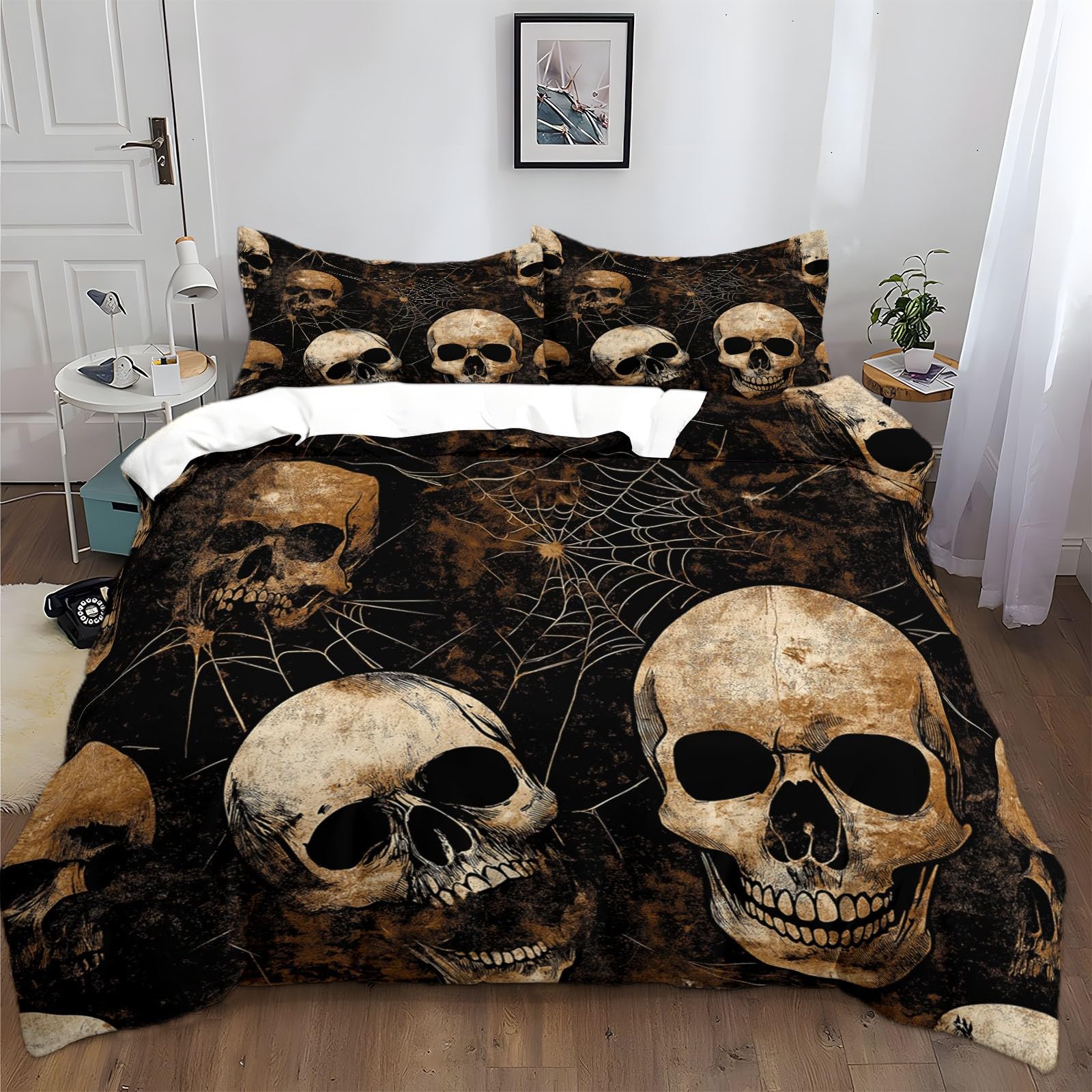 Zestaw pościeli 200 x 220 cm, motyw Halloween, motyw trupiej czaszki, sieć pajęczyna, miękka poszewka na kołdrę wysokiej jakości hotelowa, hipoalergiczna poszewka na kołdrę do pokoju dziecięcego
