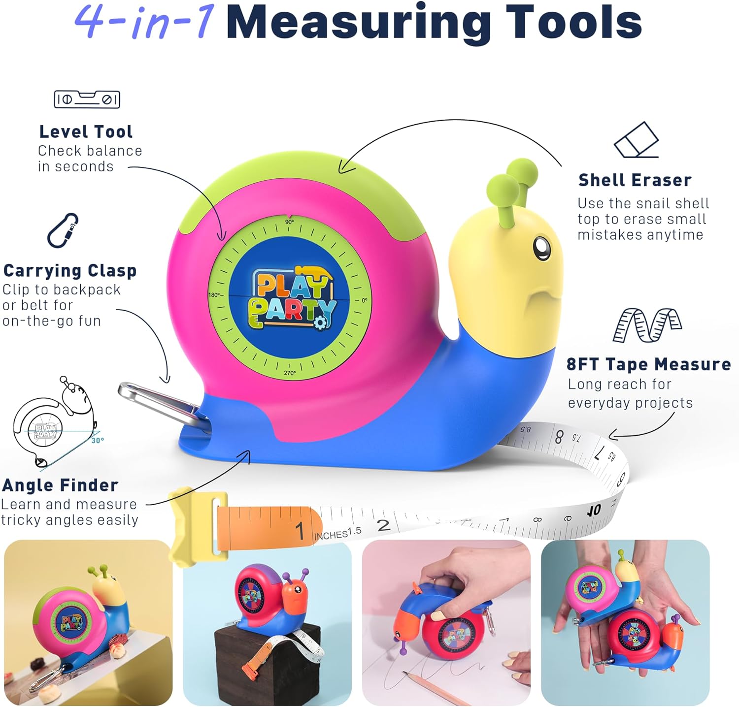 8ft Tape Measure for Kids, STEM Educational Tool with Level, Protractor and Eraser, Retractable Snail Shaped Measuring Tapes, Child-Safe Stocking Stuffers Gift for Boys & Girls 3 , Green