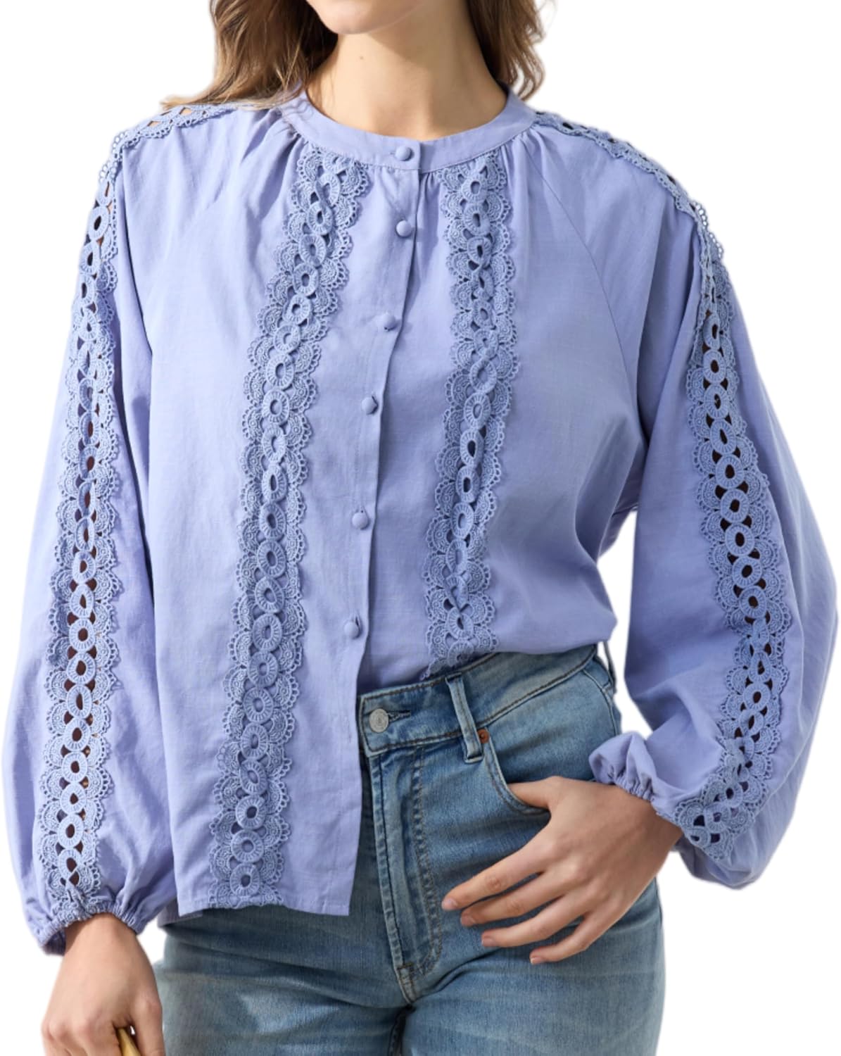 Women's Lantern Sleeve Button Up Lace Trim Shirt Blouse Casual Holiday Cotton Rayon Tunic Top