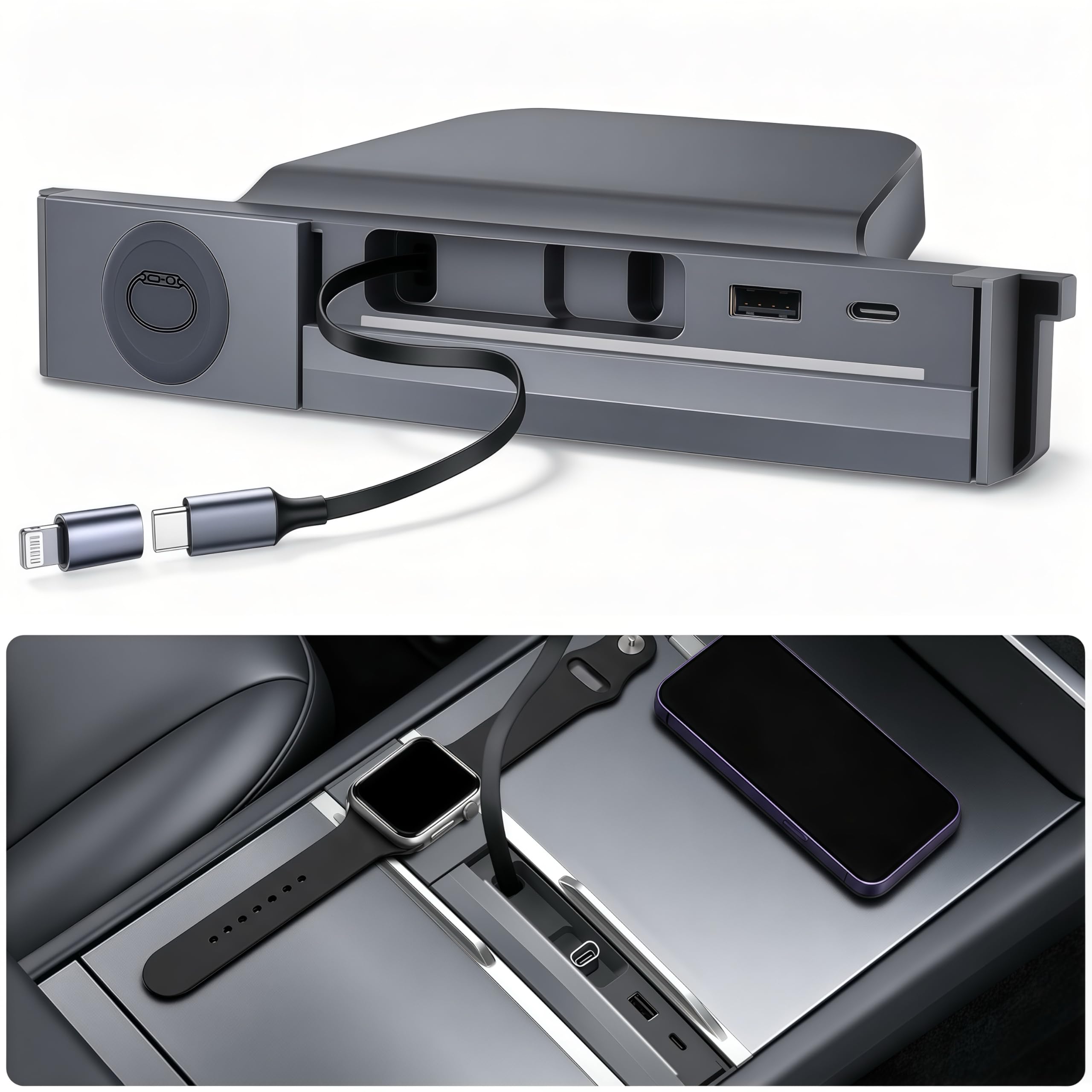 LOWEEY Hub USB per Tesla Model Y Juniper 2025-2026 e Model 3 Highland 2024-2026 Accessori, caricabatterie per telefono retrattile con pad magnetico e doppi adattatori, docking station per console