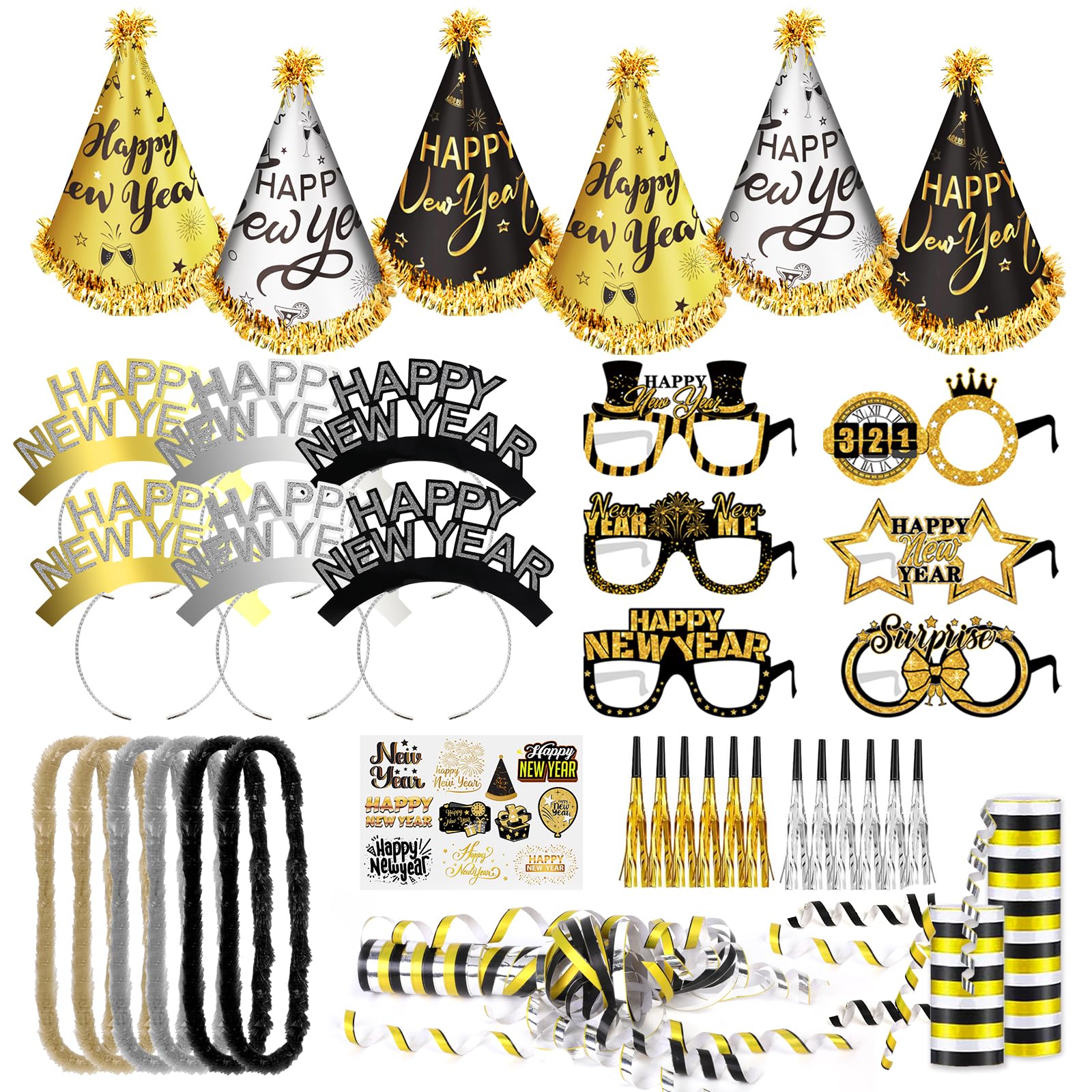 Kit décoration Nouvel An 38 pièces avec chapeaux lunettes et serre-têtes noirs et dorés pour réveillon