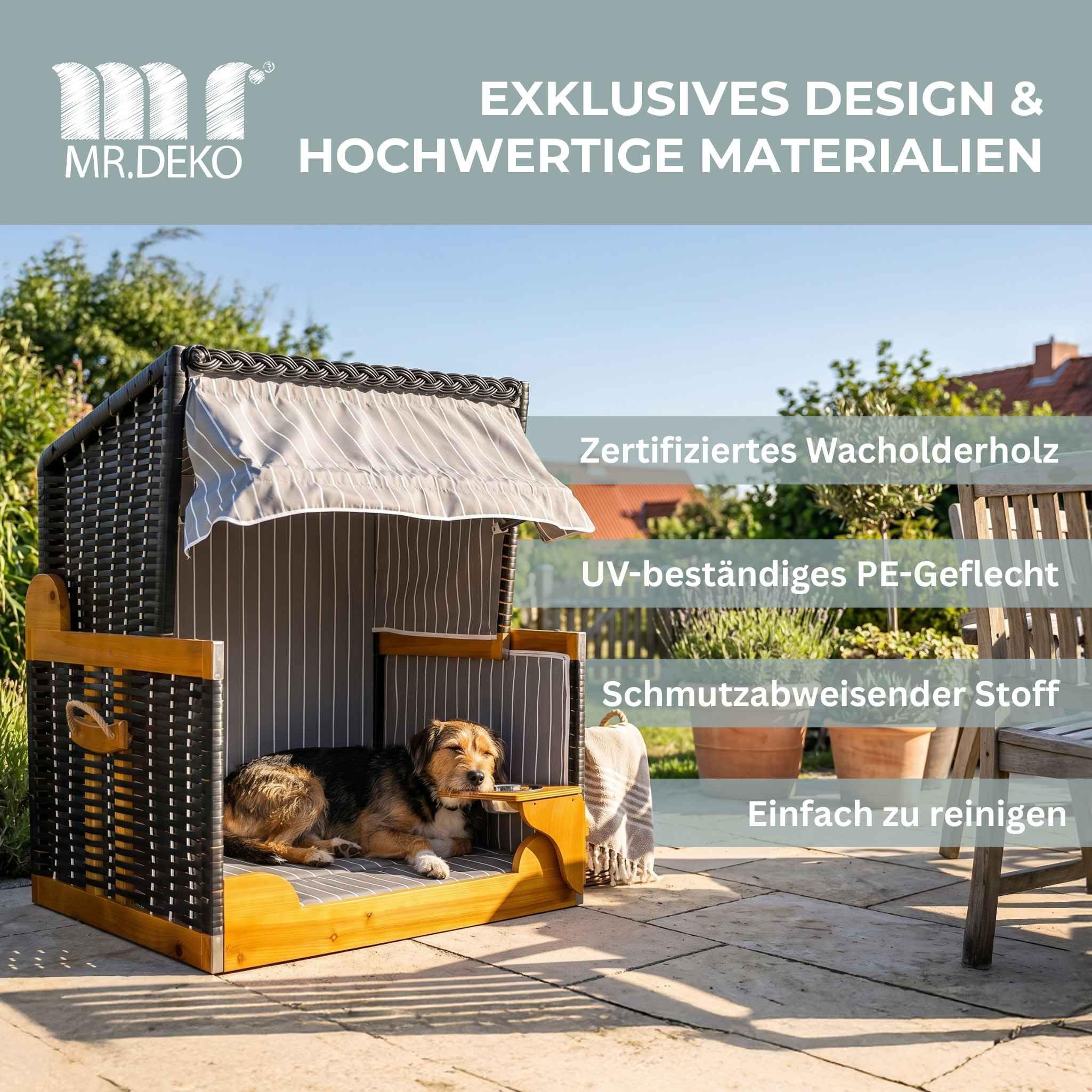 MR. Deko® Silla Playa Perros Juniper PE Negro Rayas Antracita - Protección Solar y Funda Protectora - Cama y Comedero Giratorio Mascotas | Incluye cuenco de agua de acero inoxidable