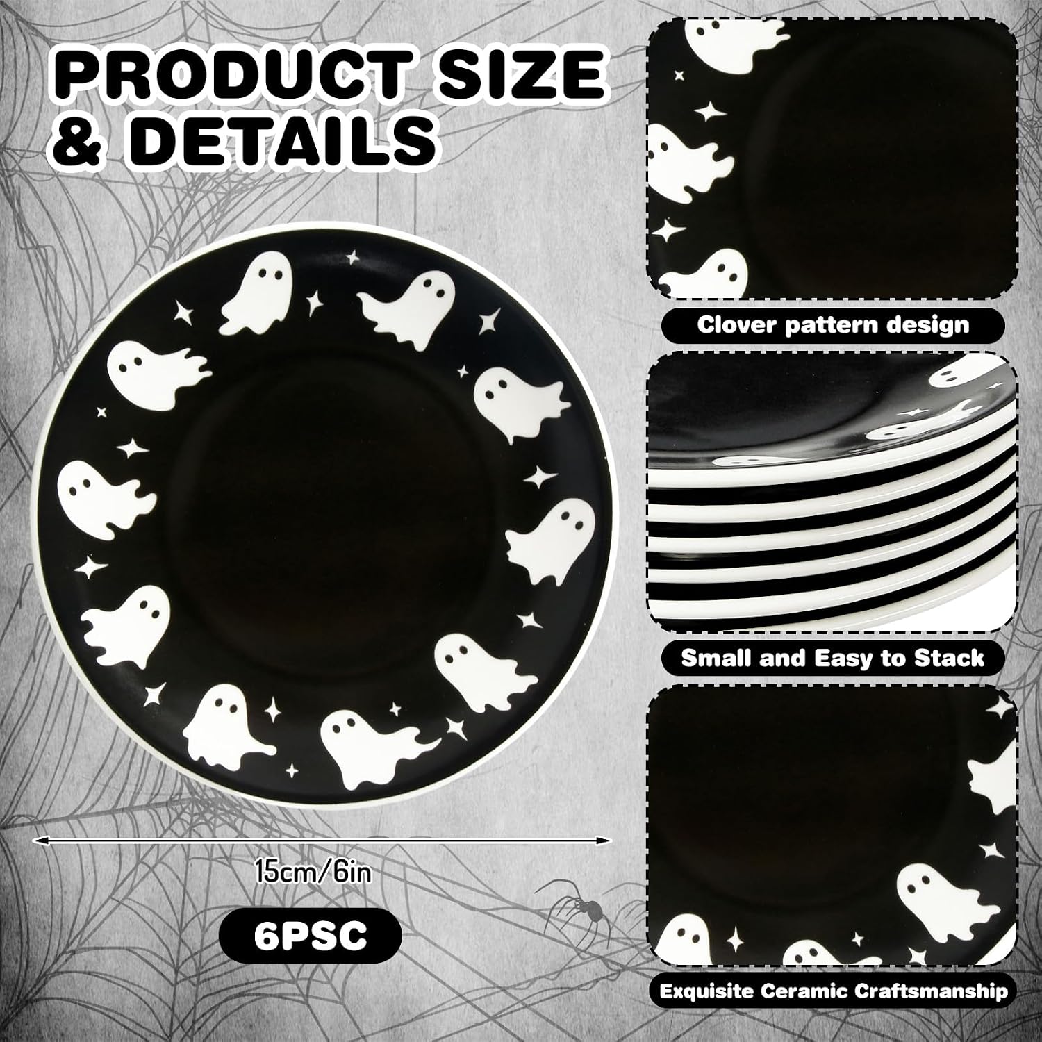 AnyDesign 6Pcs Halloween Ceramic Plates, Black Ghost, 6 Inch