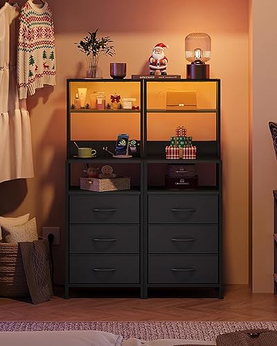 Miniatura 7 de WLIVE - Mesita de noche alta con estación de carga, mesita de noche LED con 3 cajones de tela y estantes abiertos de almacenamiento, mesa de noche