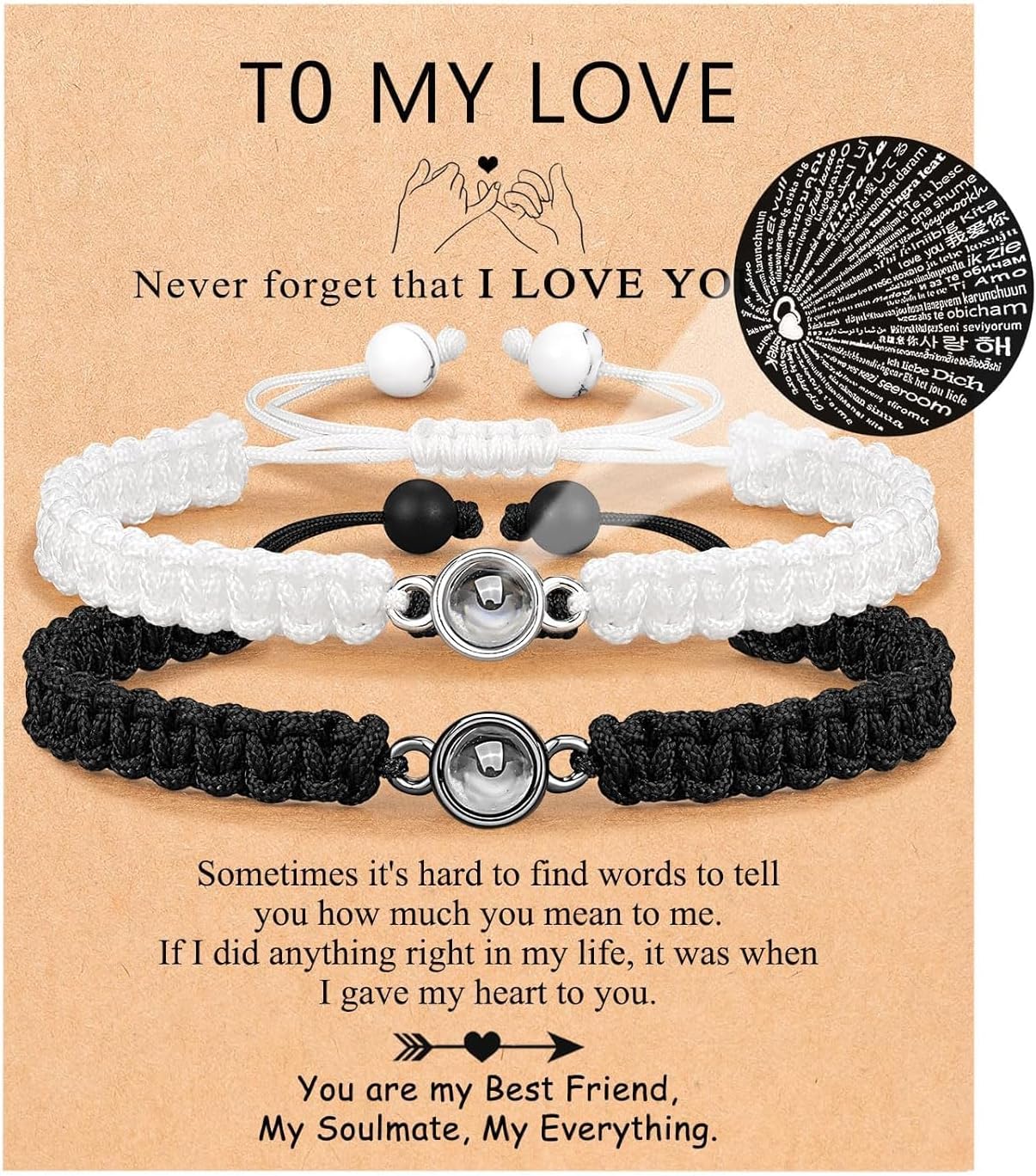 2PCs I Love You 100 Languages Matching Couple Bracelets Set - Pinky Promise Valentines Day Gift