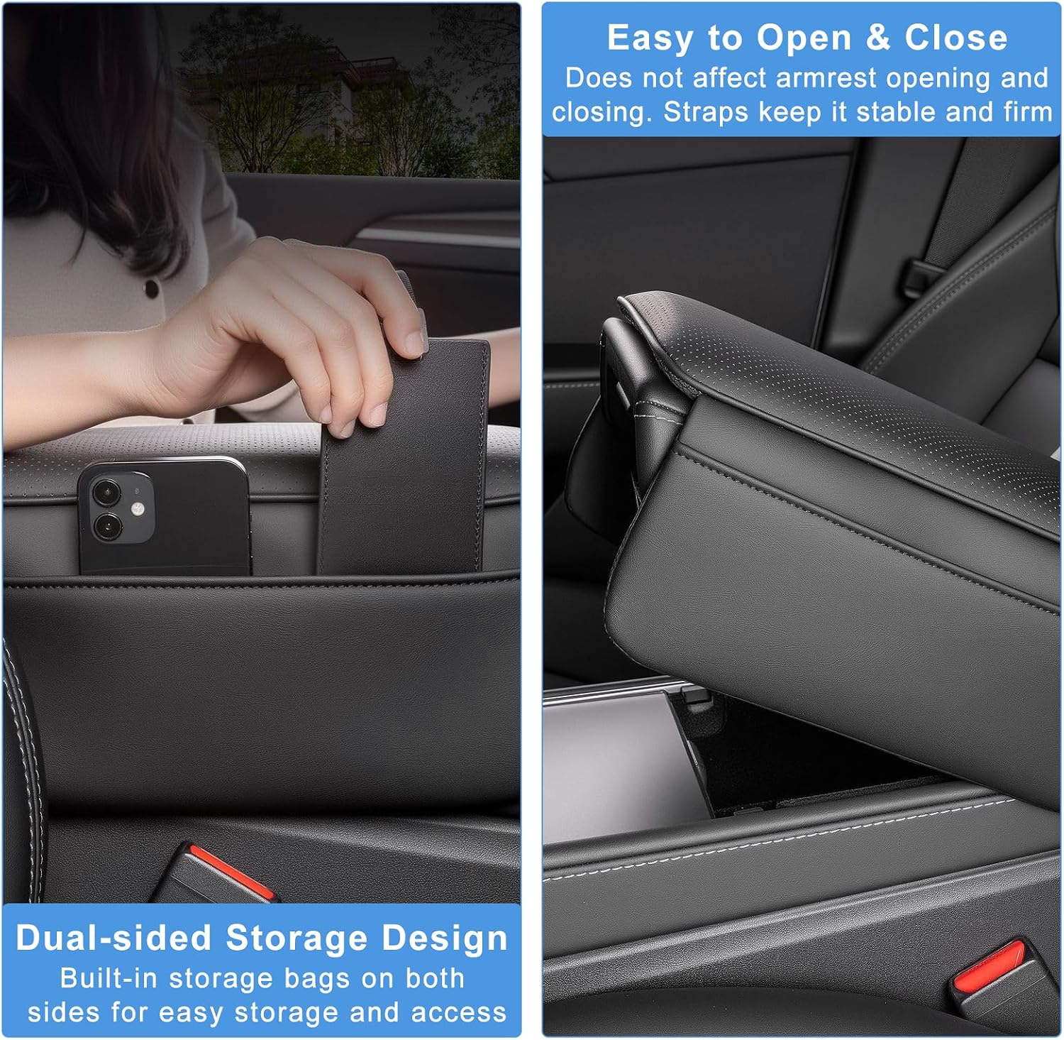 3PCS Nappa Leather Center Console Armrest Cover for Tesla Model Y Juniper 2025-2026 Model 3 Highland 2024-2026 (All Trims) Accessories, Center Console Lid Cover with Side Storage Pocket (Black)