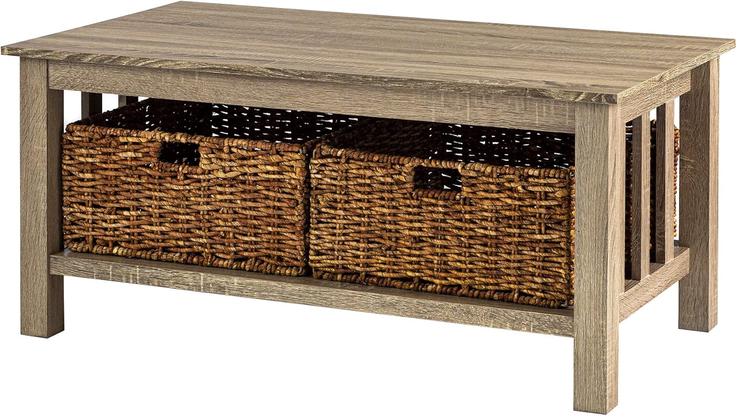 Walker Edison Alayna Mission Style Two Tier Coffee Table with Rattan Storage Baskets, 40 Inch, Driftwood : Home & Kitchen
