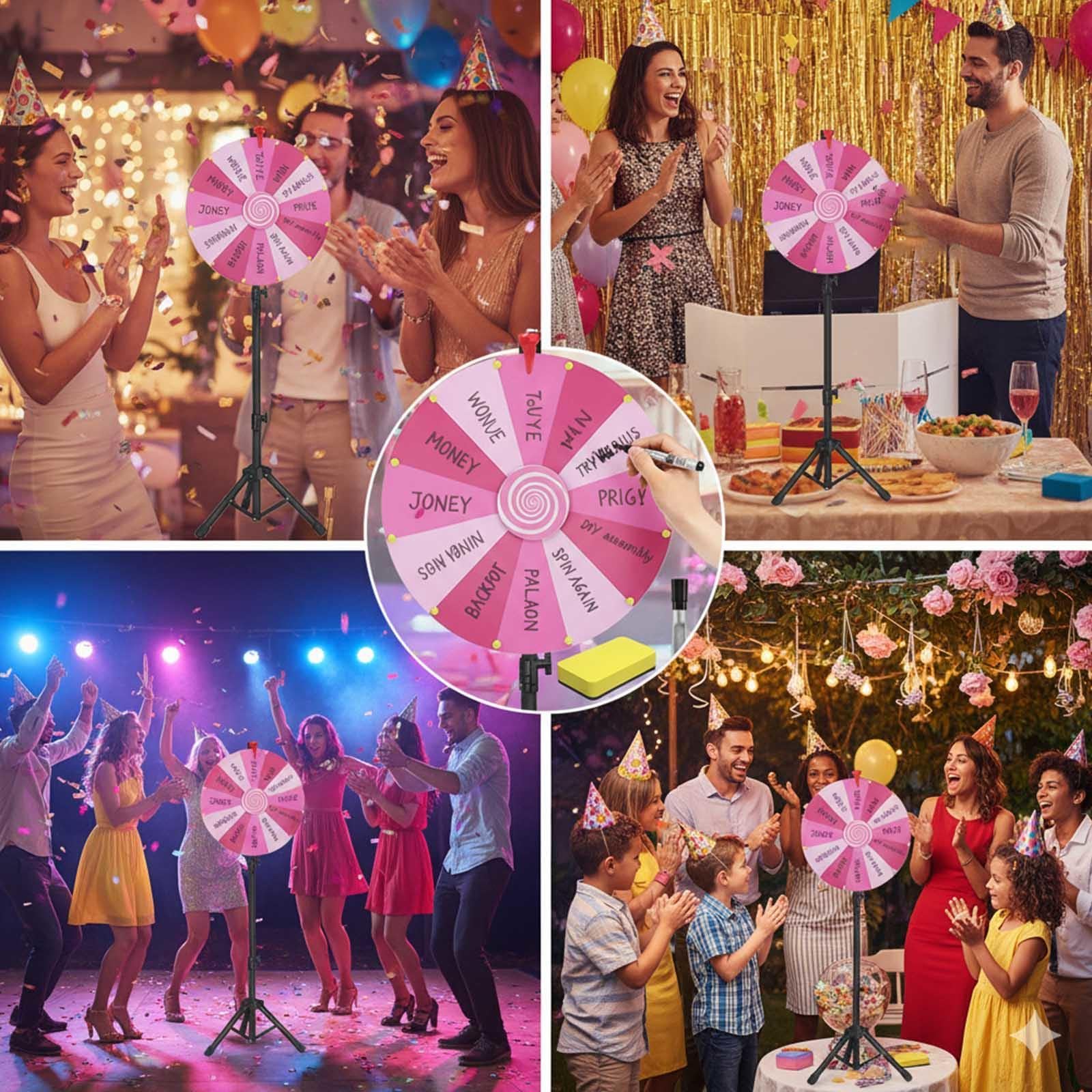60cm Ruleta Giratoria con Trípode Ajustable 100-200cm, Ruleta De Feria con 14 Ranuras para Fiesta Ferias,Pink
