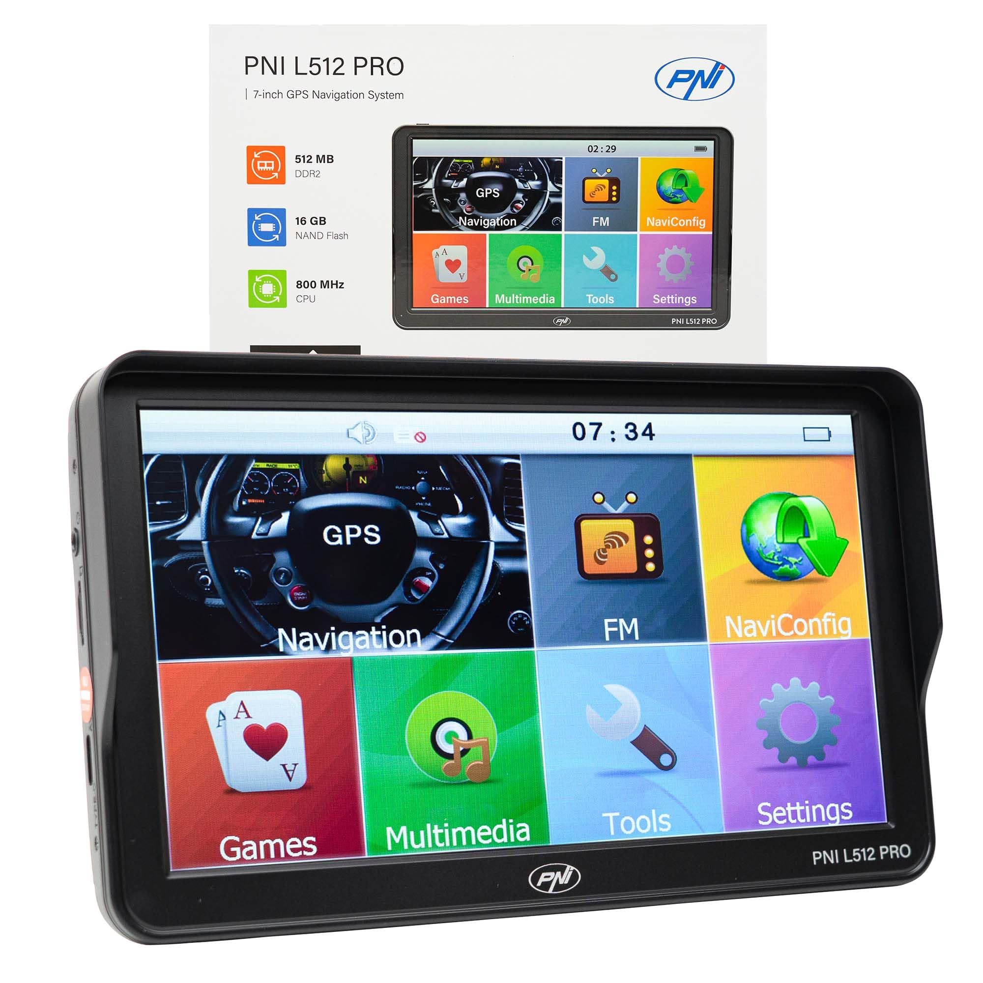 Sistema de navegación GPS PNI L512 Pro con Parasol, 7 Pulgadas, 800 MHz, 512 MB DDR, 16 GB de Memoria Interna, transmisor FM