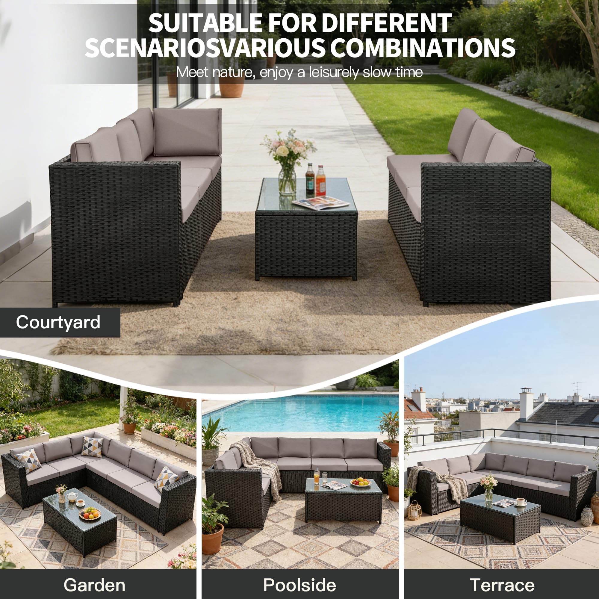 3 Pcs Aluminium Frame Rattan Garden Furniture Set, 6 Seater Corner Garden Sofa with Cushions and Glass Coffee Table, Outdoor Patio Furniture Set for Balcony, Conservatory, Terrace — view 7