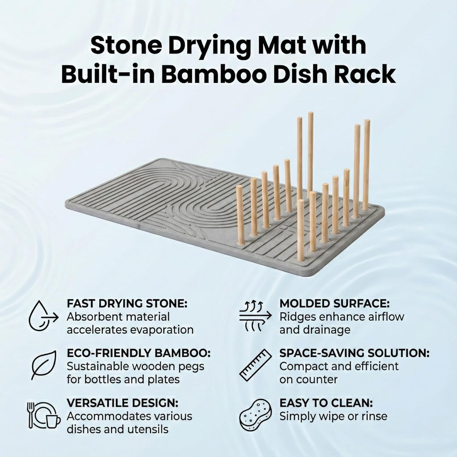 Stone Dish Drying Mat with Bamboo Rack – Fast-Drying Diatomaceous Earth Surface with Non-Slip Silicone Base – Eco-Friendly, Super Absorbent Drying Pad for Kitchen Countertops and Dishes (Gray)