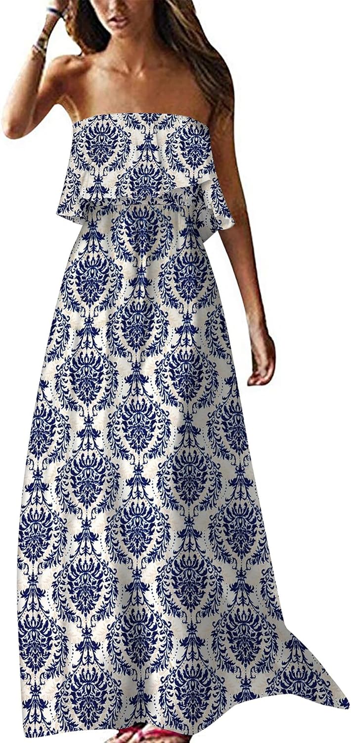 ZMPSIISA Women's Summer Off The Shoulder Maxi Dress Ruffle Strapless Blue White Porcelain Boho Casual Loose Long Dresses