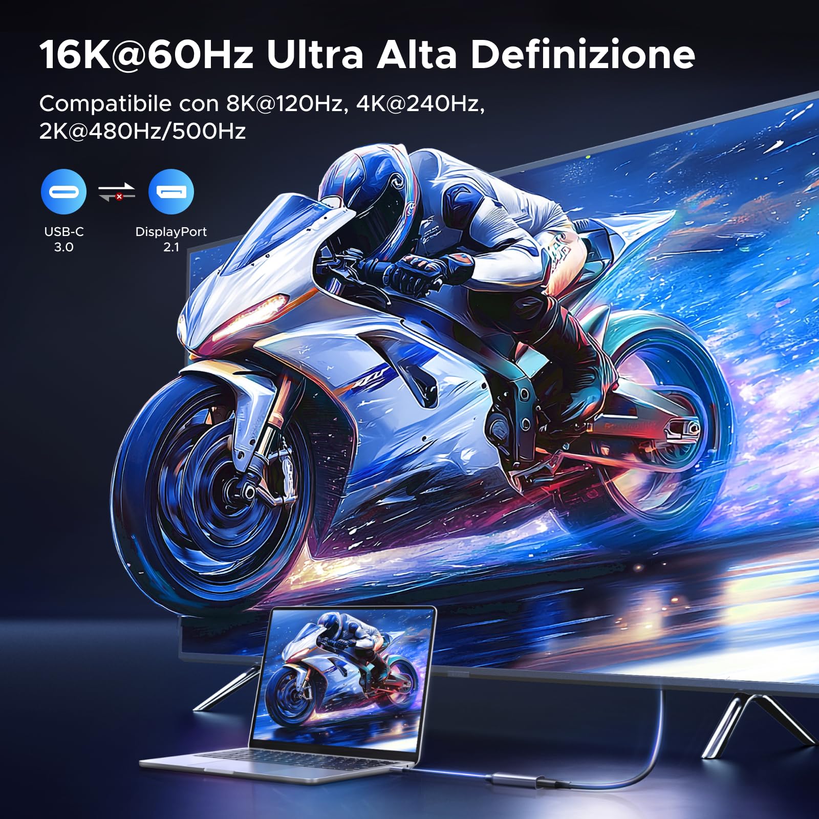 UGREEN Adattatore da USB-C a DisplayPort 2.1 16K a 60Hz 8K a 120Hz 4K a 240Hz Cavo Thunderbolt a DP HDR Dolby Compatibile con MacBook Pro/Air, Mac mini, iPad Pro/Air, iPhone 17/16