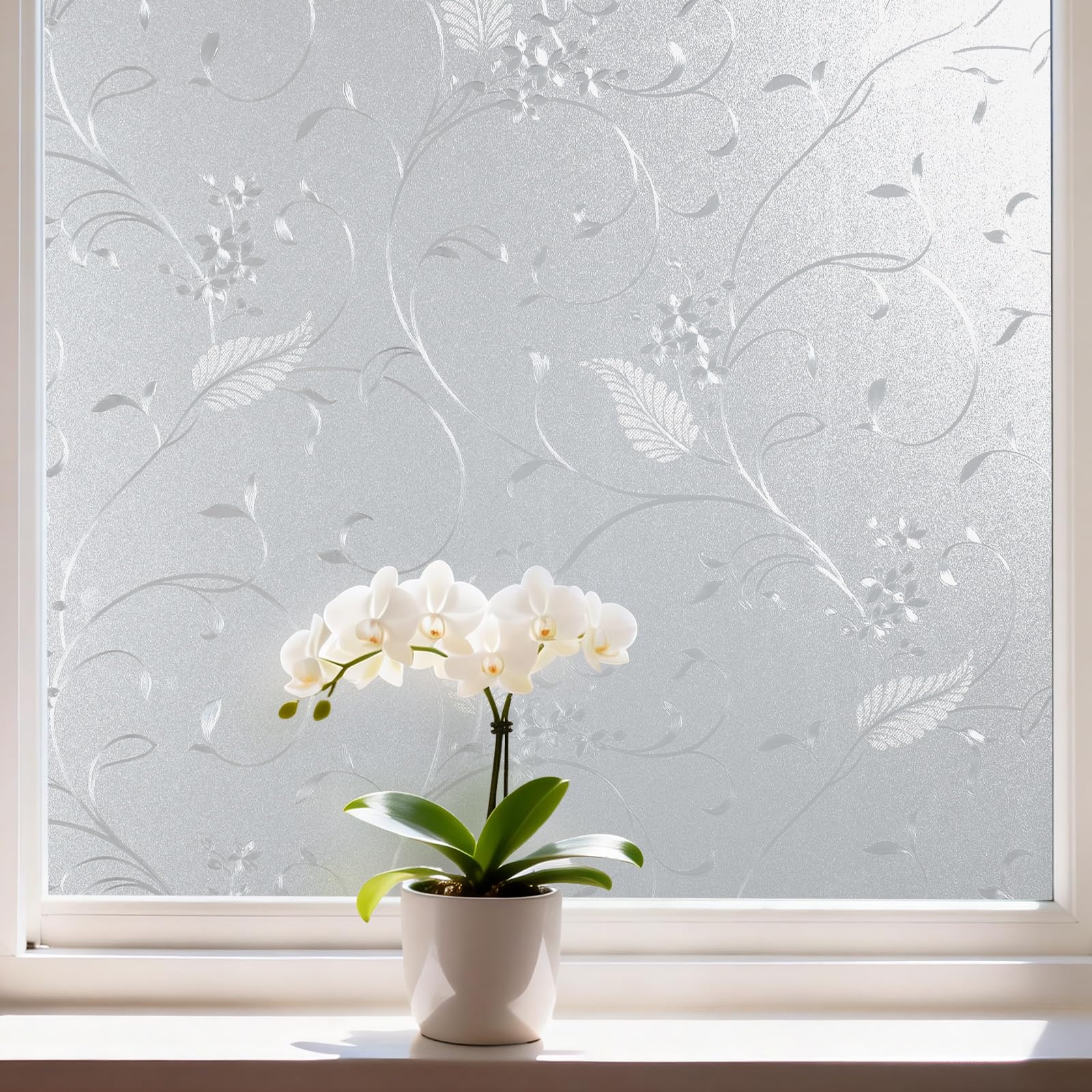 FEOMOS Etched Floral Window Film Privacy Window Clings Decorative Frosted Window Film Glass Film for Bathroom Office Doors No Glue 44cm x 200cm
