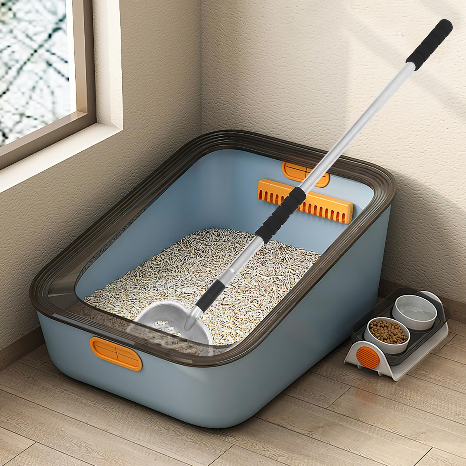 Paletta per Lettiera per Animali con Manico lungo Filtro Setaccio | Acciaio Inox e Eva, Argento, Uso Domestico per Separare i Rifiuti Dalla Lettiera, Utensile Riutilizzabile