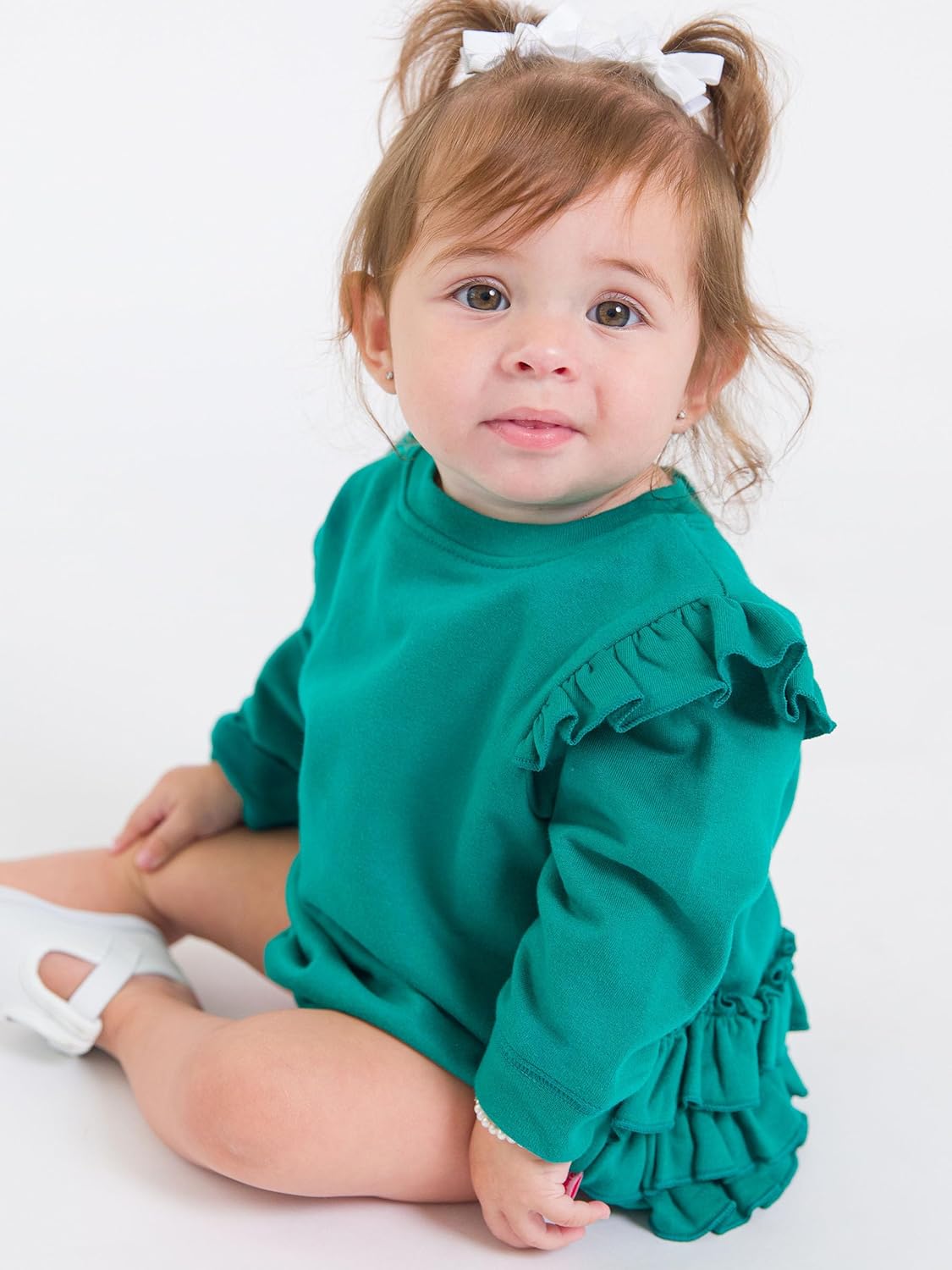 RuffleButts Baby/Toddler Girls Flutter Sleeve Sweatshirt Bubble Romper with Snaps - Image 3