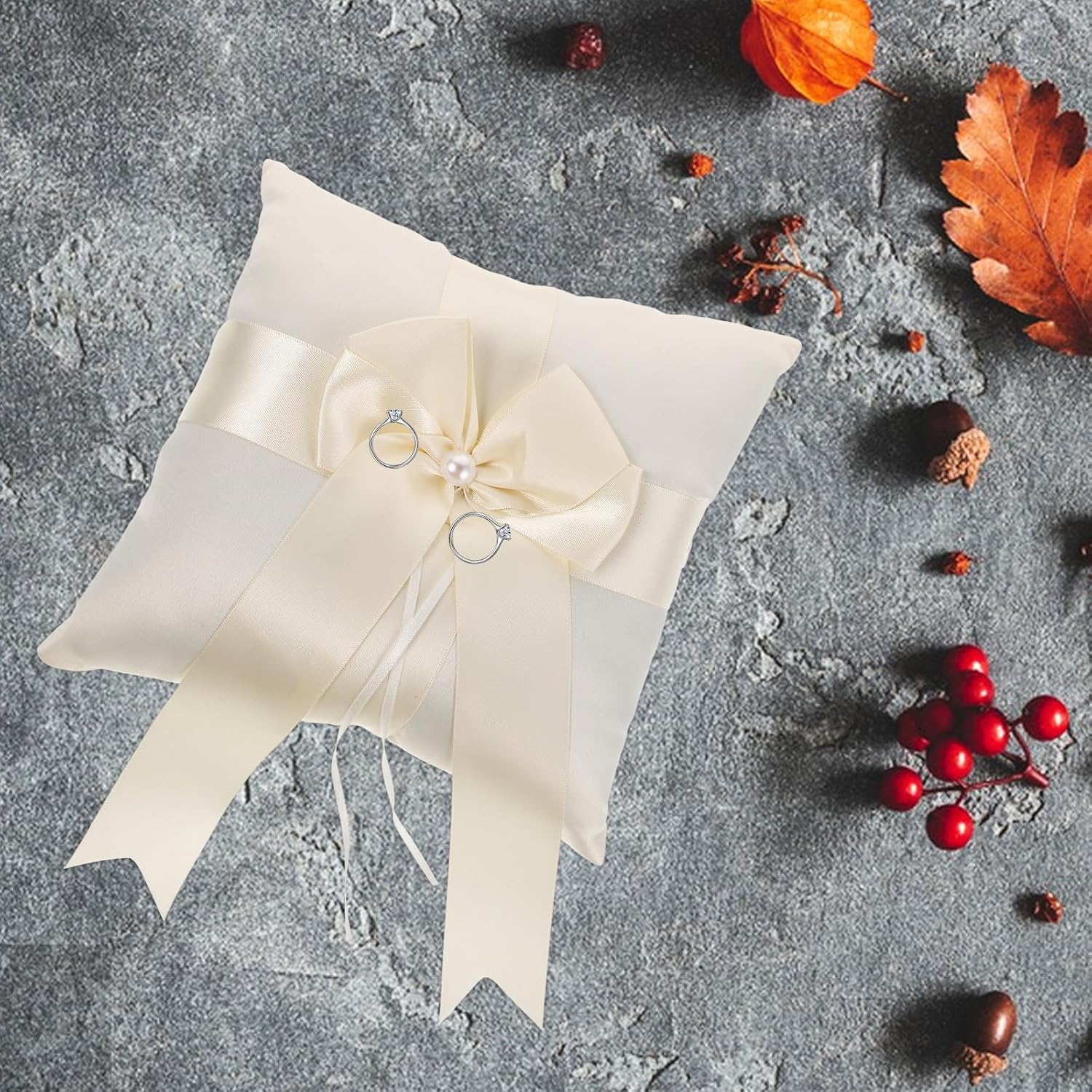 Wedding Ring Bearer Pillow White Satin Ribbon Bow Decorative Ring Cushion for Ceremony Engagement with Flower Girl Basket Suitable for Wedding Party