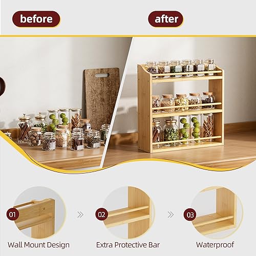 Miniatura 5 de Estante para especias montado en la pared, organizador de especias para mostrador, soporte de almacenamiento de especias de bambú para armario de