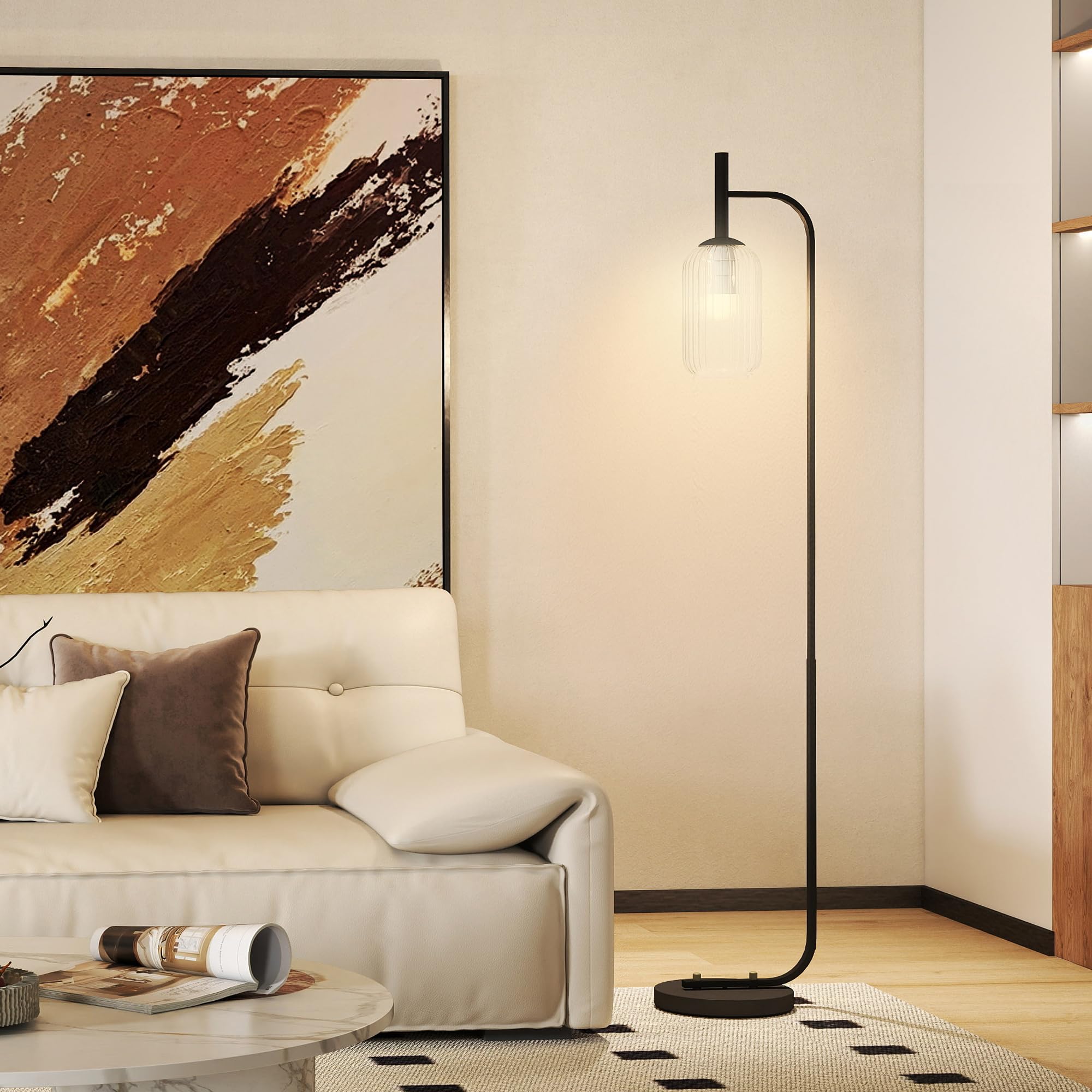 Rackhams Black Modern Floor Lamp With Glass Lampshade, Foot Switch For Living Room - Bulb Not Included - Metal, Glass