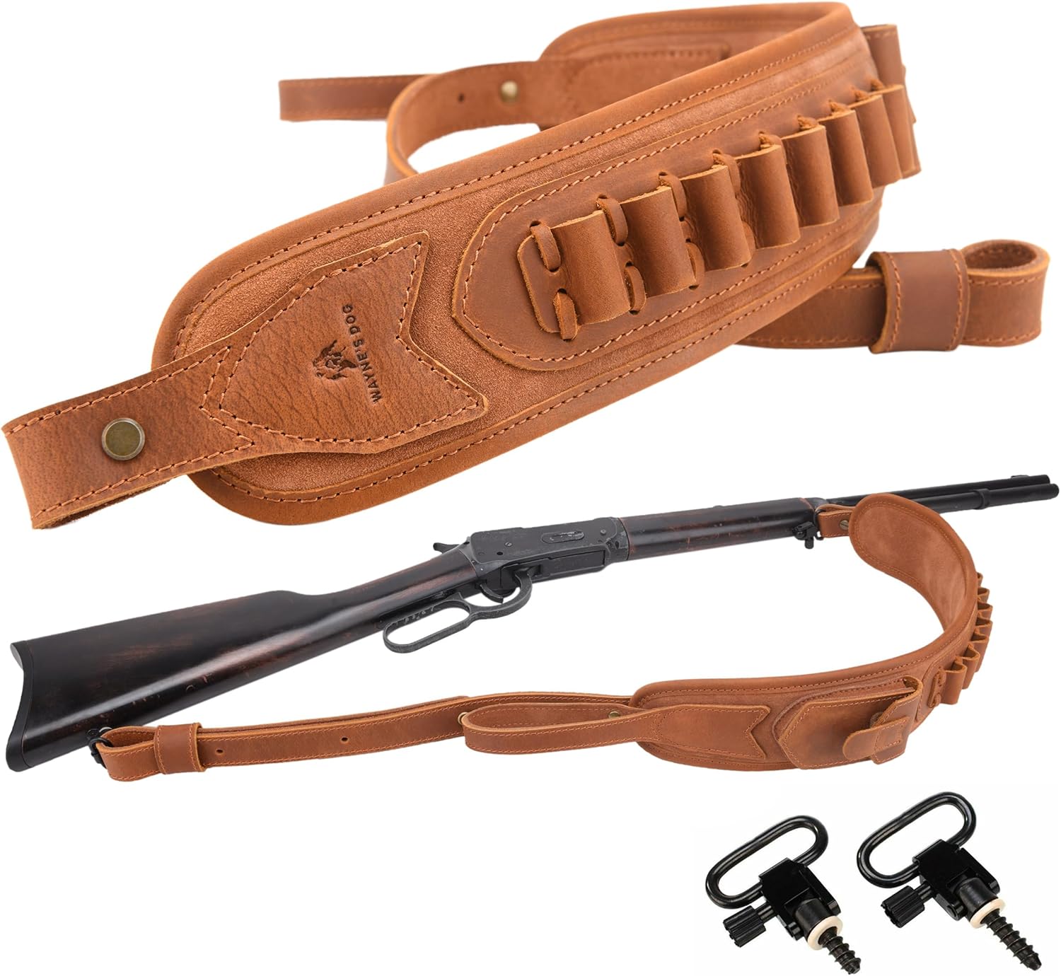 Leather Rifle Cartridge Sling with Heavy Stitching 8pcs Round Ammo Holder Belt Sling (Brown+SW(.308 .45-70 410GA))