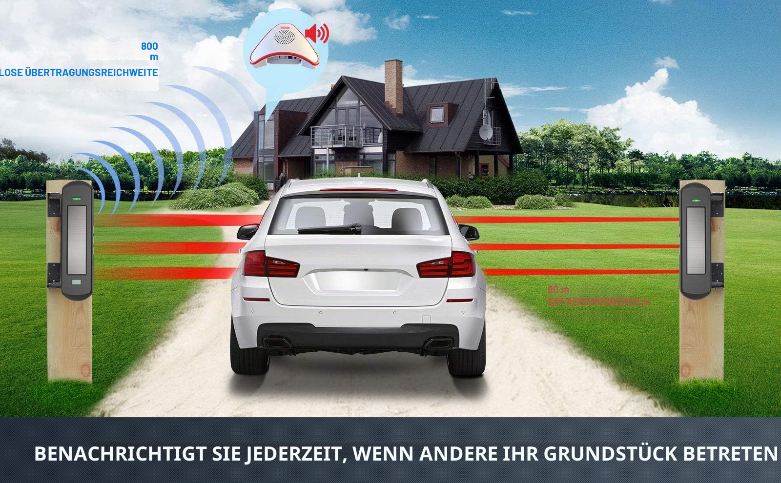 Solar-Alarmsystem für Auffahrt, kabellos,800 m Lange Übertragungsreichweite, 100 m breite Sensor-Reichweite,Keine Notwendigkeit, Batterie zu ersetzen, wetterfest, Perimeter-Alarmsystem