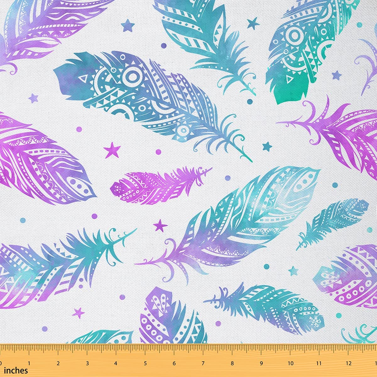 Tela decorativa de plumas de acuarela de The Yard exótica estilo tribal sol bohemio, tela de tapicería para interiores y exteriores, tela de lunares púrpura azul estrellas para acolchar, artes de