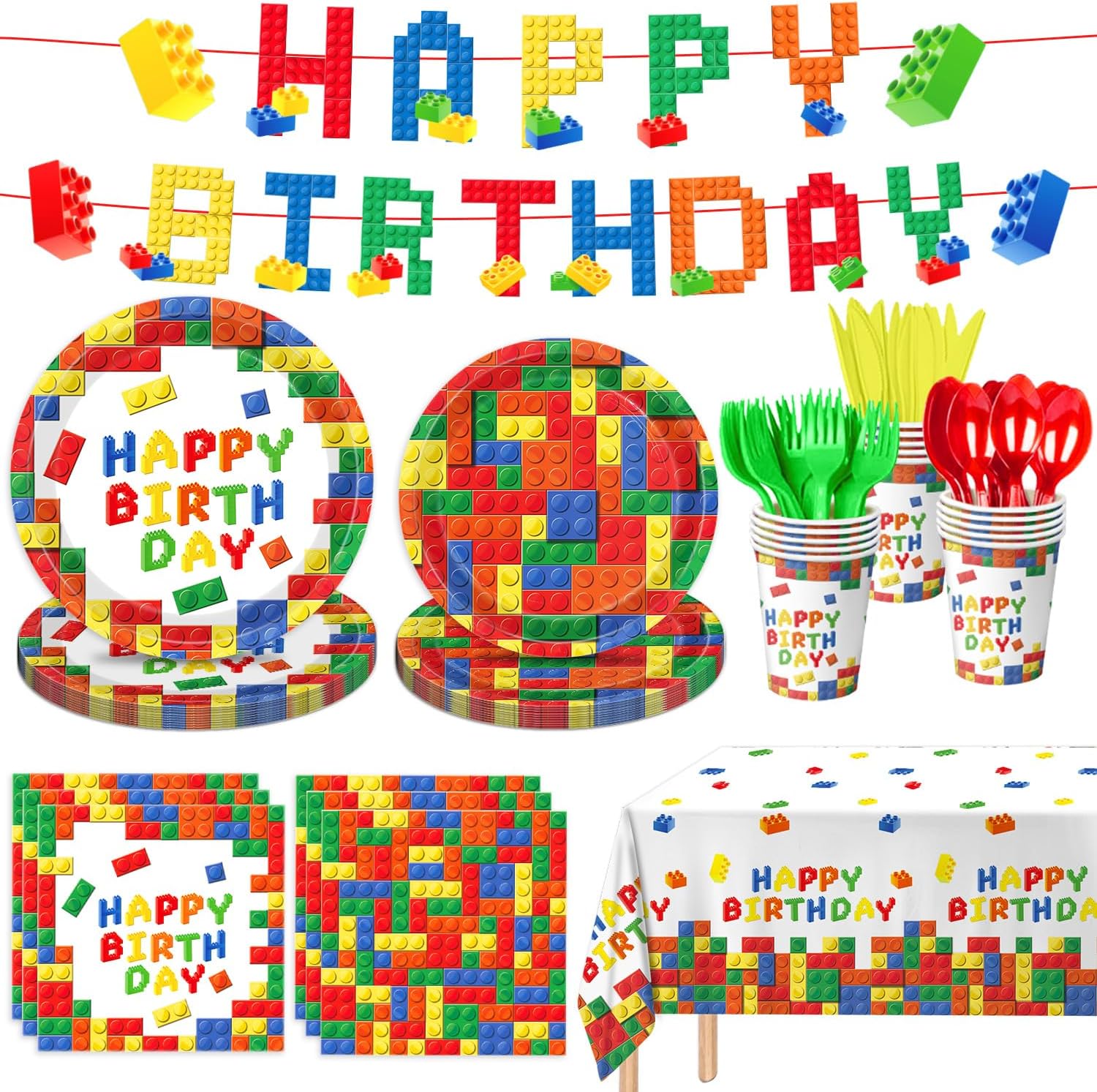177 PCS Building Block Birthday Party Supplies Colorful Building Block Party Decorations Plates Napkins Cups Tablecloth Banner for Boys Kid’s Birthday Party Decorations, Serve 25