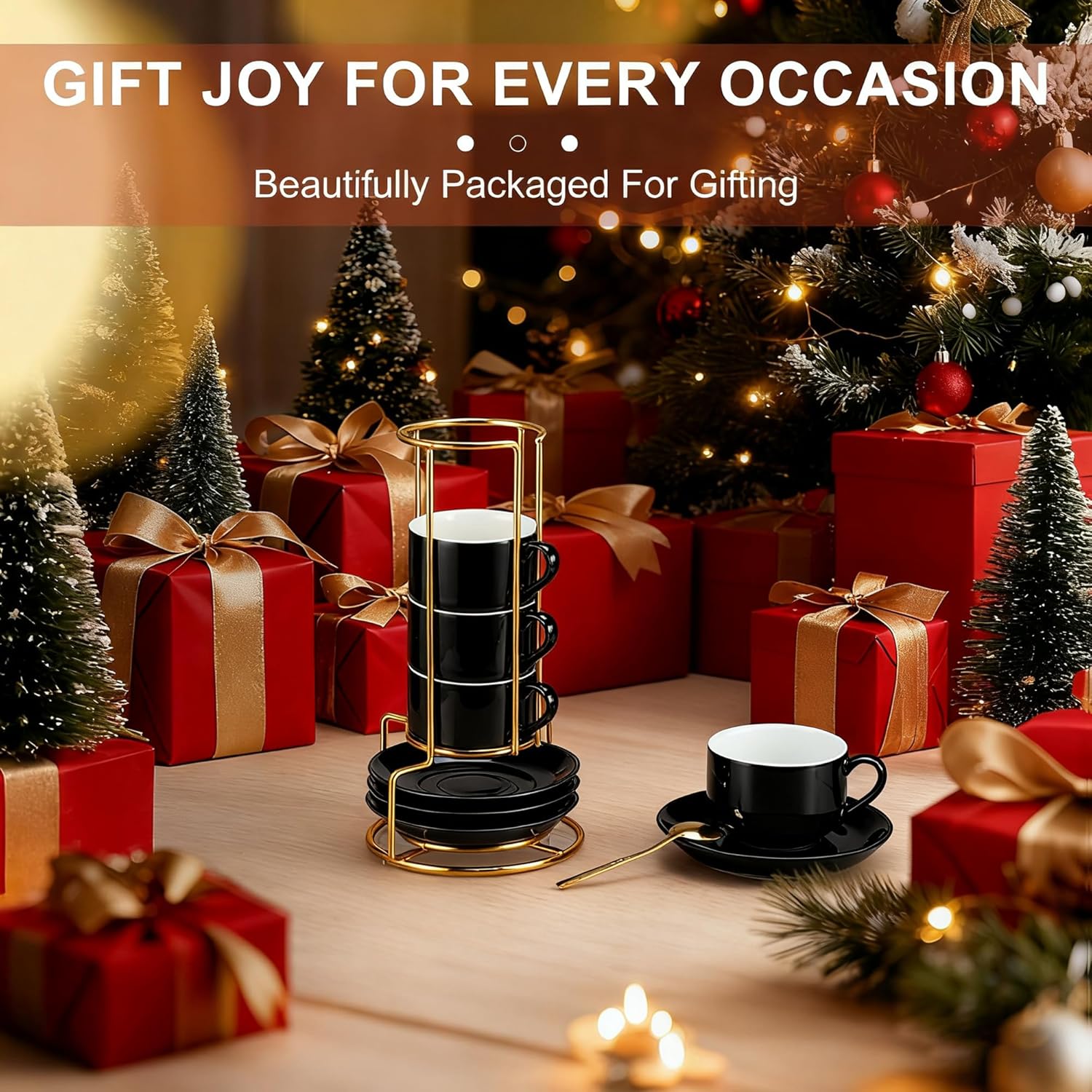 3 Ounce Espresso Cups Set of 4, Stackable Demitasse Mugs, Includes Display Stand, Cups Saucers, and Spoons, for Machines & Home Use, Black, Gold Tone - Image 7