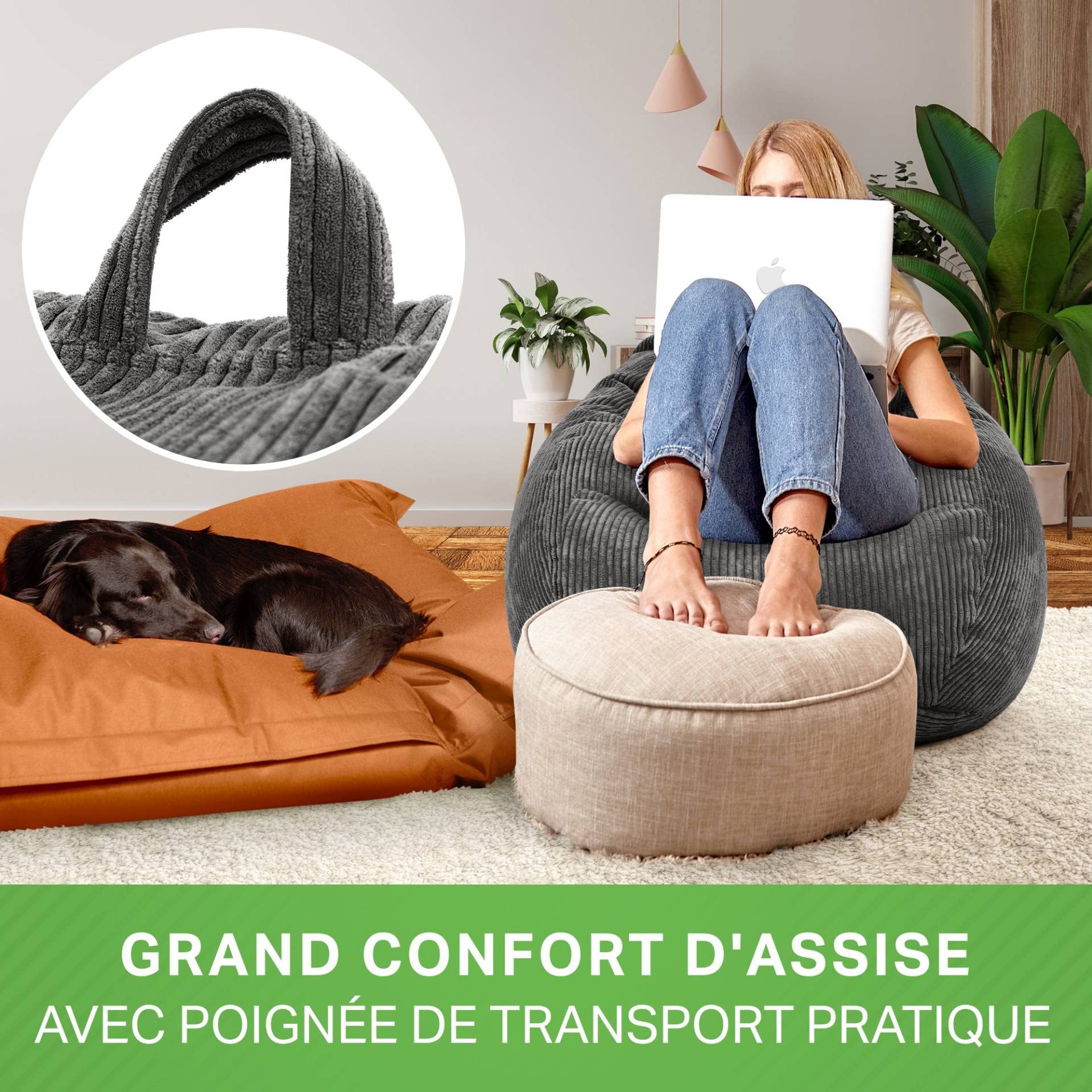Green Bean© Pouf d'Intérieur 90x110cm Remplissage de Perles EPS & Tissu en Velours Côtelé Doux Lavable - Intérieur Coussin Sol Siège Repos Tabouret Chaise Fauteuil Relax Enfants Adultes Tissu Gris