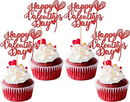 24 adornos para cupcakes con purpurina para el día de San Valentín con la frase "Be My Valentine" para cupcakes, globo de corazón de amor dulce,