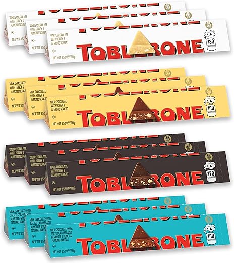 Toblerone Swiss Chocolate Variety Pack, Milk Chocolate, Dark Chocolate, White Chocolate & Crunchy Salted Caramelized Almond, Easter Chocolate, 3.52 Ounce (Pack of 12)