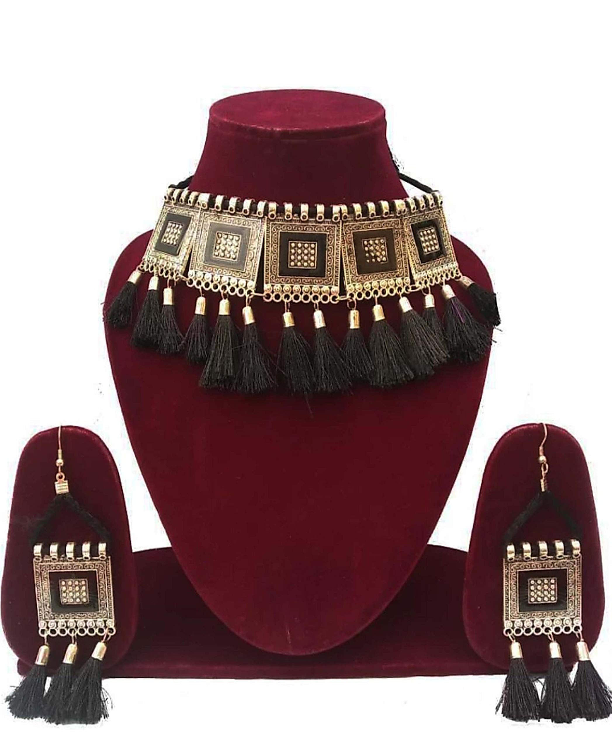 C&G INDIA Oxidised Jewellery Afghani Style Black Thread Choker Necklace Set (Black) For Womens - Image 2 thumbnail