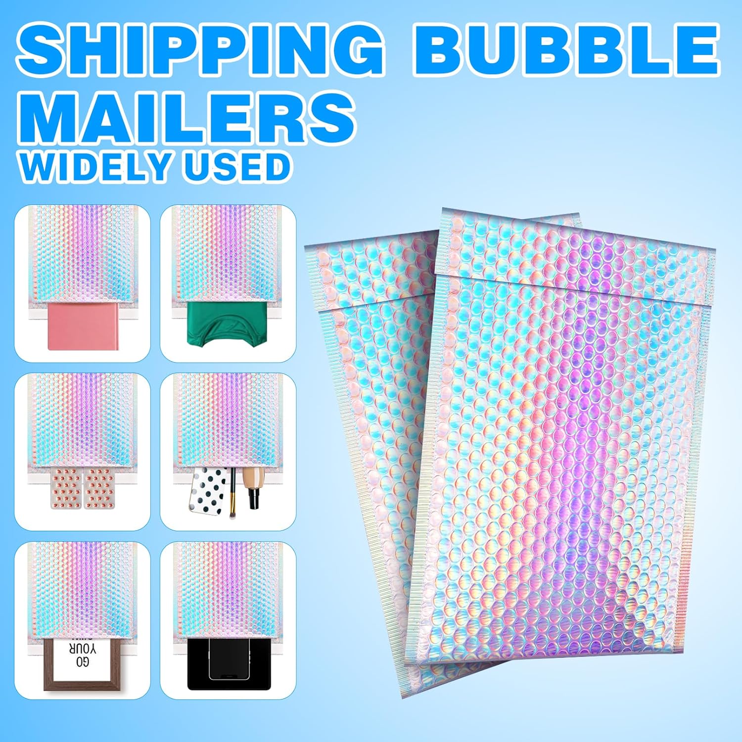25 Pack Holographic Bubble Mailers 8 x 11 Inch, Self Seal Protective Padded Envelopes, Waterproof & Durable Shipping Bags, Cushioned for Safe Mailing, Silver Foil Peel & Seal
