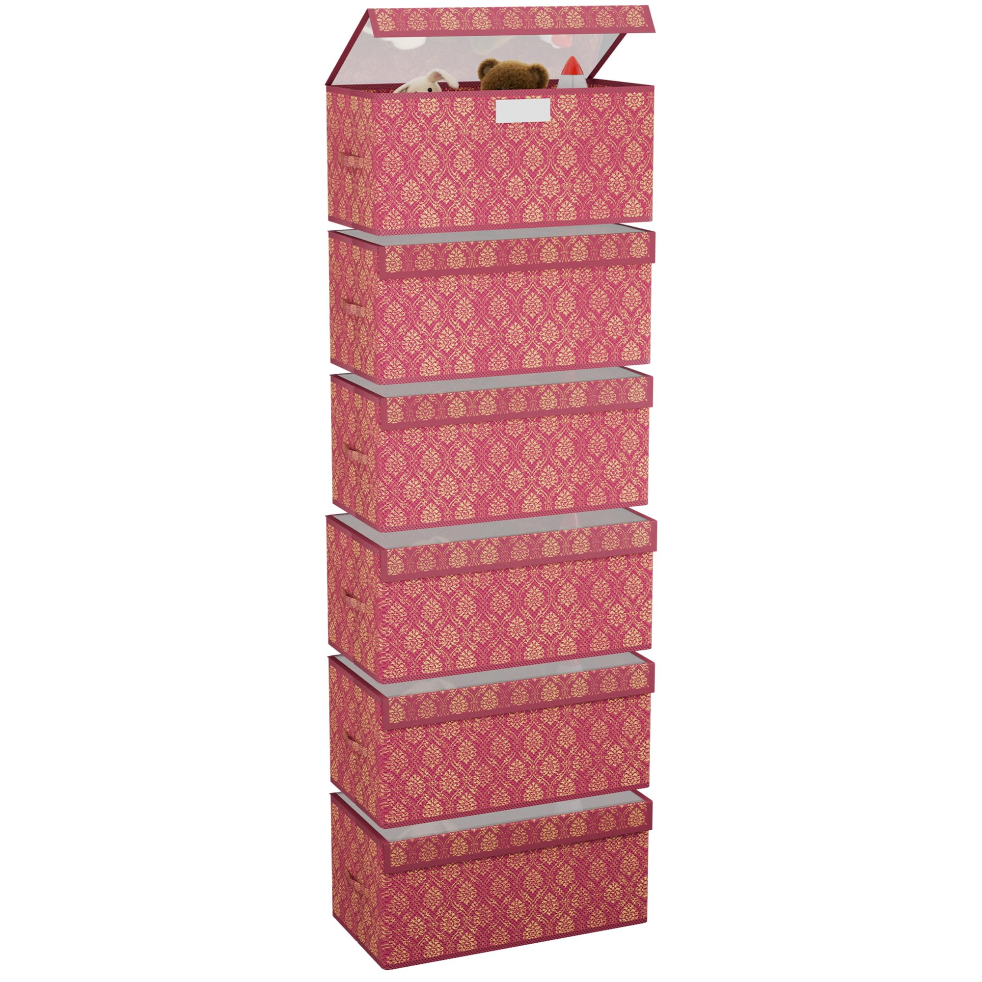 Kuber Industries 6 Pcs Storage Box with Transparent Lid | Medium & Large Sizes | Foldable Almirah Dress Closet Organizer Boxes for Toys & Book Storage | Cupboard/Wardrobe Organiser | Maroon