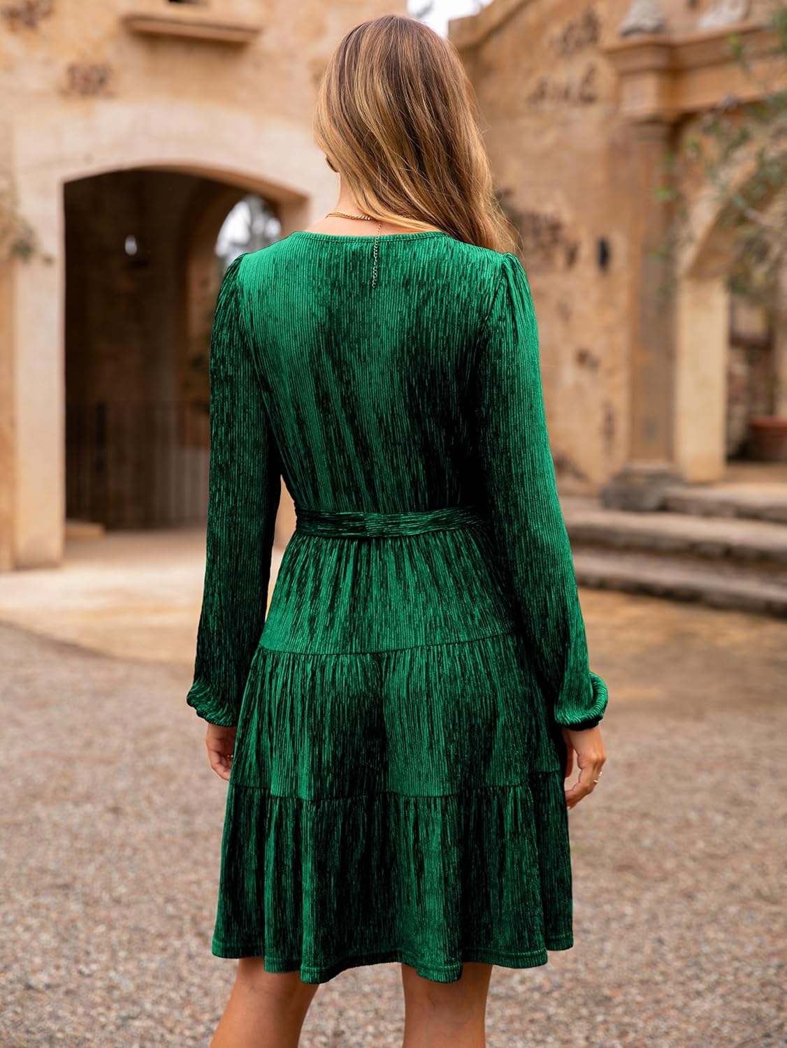 Simplee Womens Velvet Long Sleeve V Neck Fall Dress Tiered Flowy Mini Cocktail Dress Winter Casual Short Dresses 2025 - Image 6