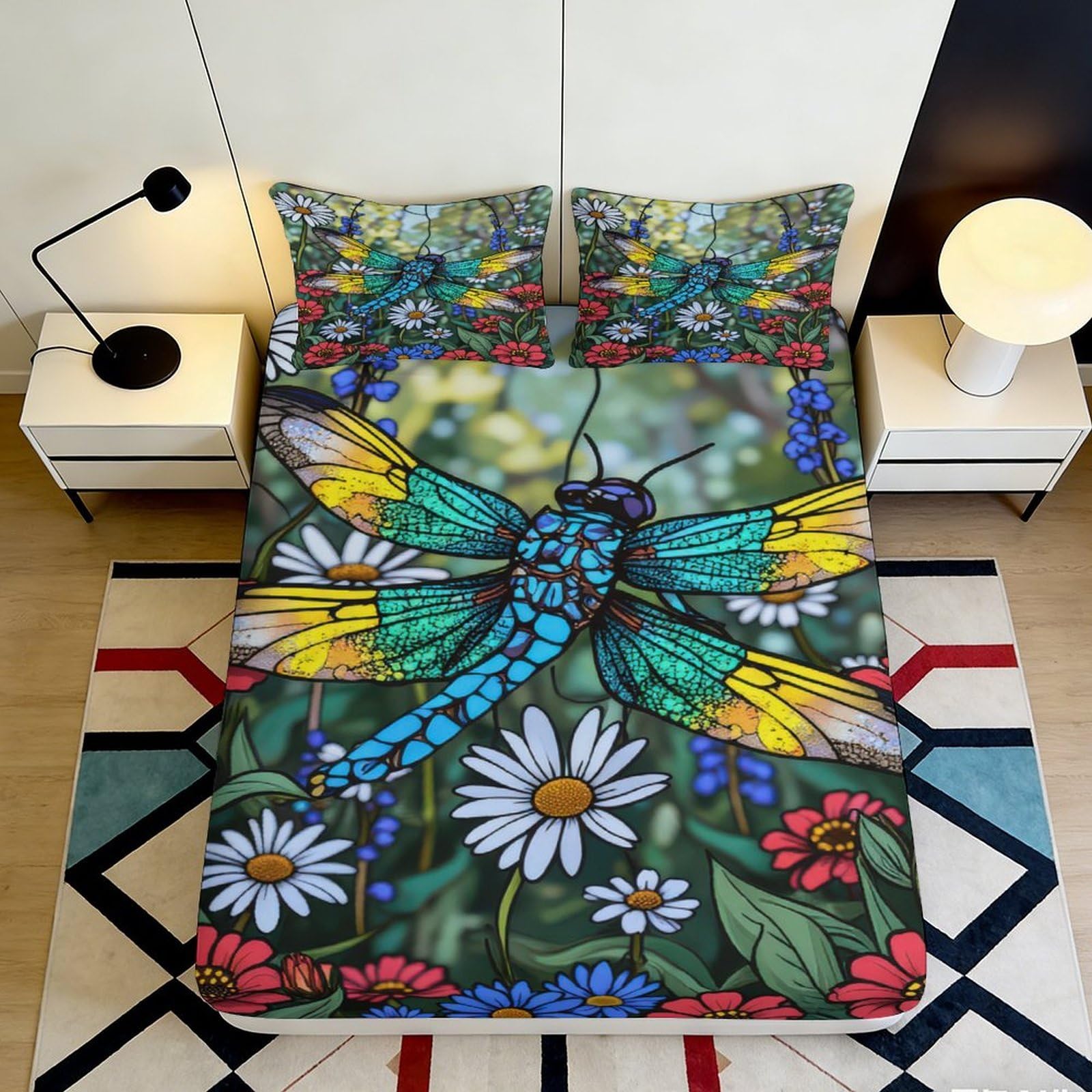 3D Printed Stained Glass Dragonfly Fitted Sheet Microfiber Deep Pocket Stained Glass Dragonfly Mattress Fitted Cover Non-Slip Bedroom Bedding 200x200x25cm 90x200x25cm