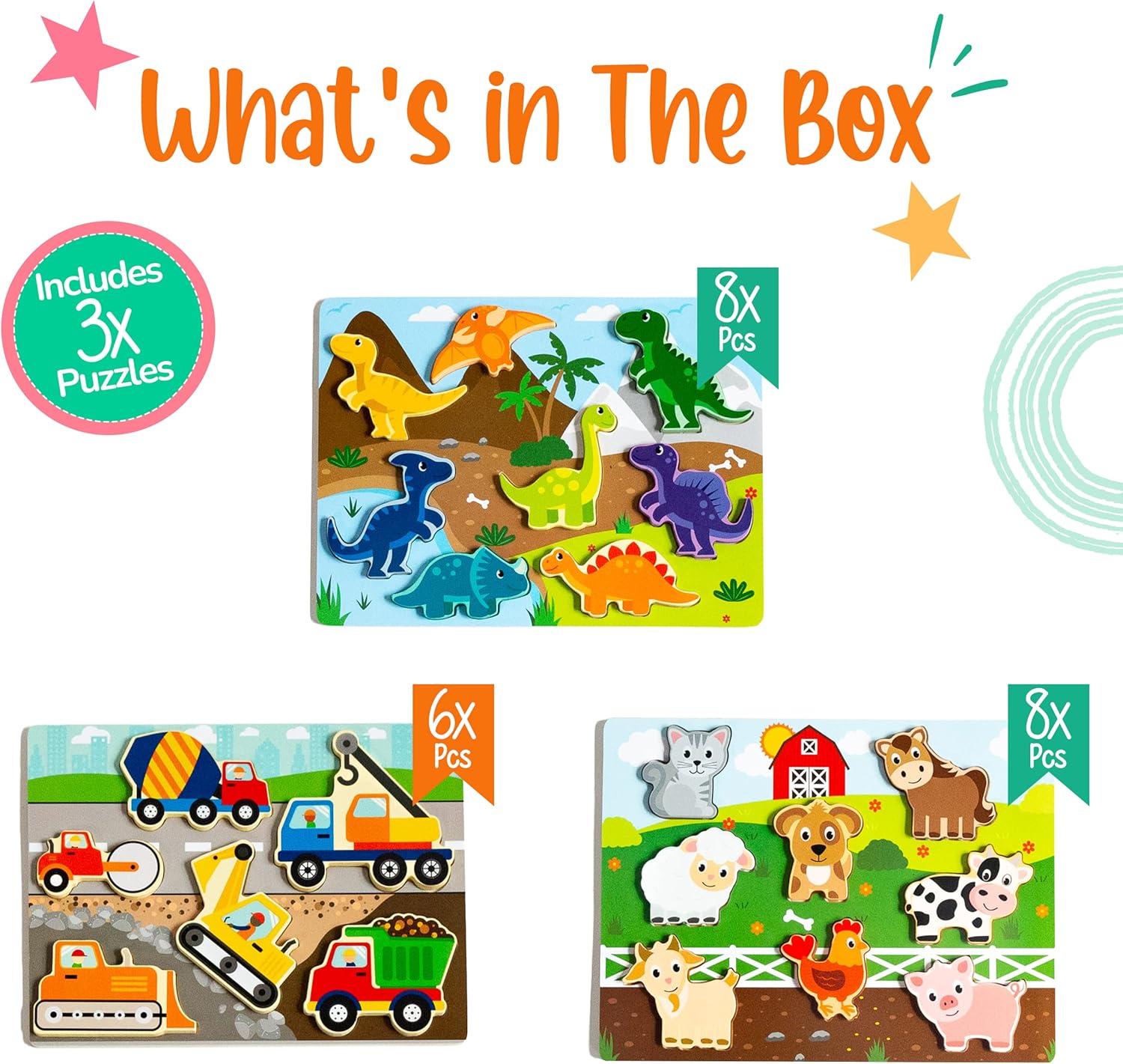 Klevly Large 3 Pk Wooden Toddler Puzzles Ages 2-4 | Wooden Puzzles for Toddlers 1-3 | Montessori Toys for 2 Year Old | Toddler Toys Age 2-4 | Educational | STEM