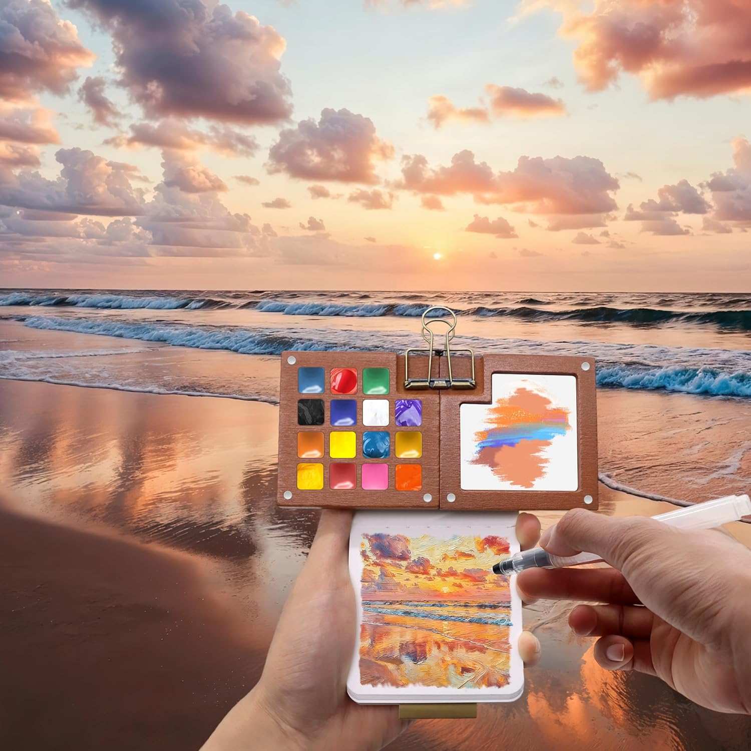 Pocket Watercolor Paint Set - 24 Vibrant Colors, Pocket Art Kit with 15-Well Walnut Palette - for Travel, Beginners, Outdoor Sketching & Painting Gift