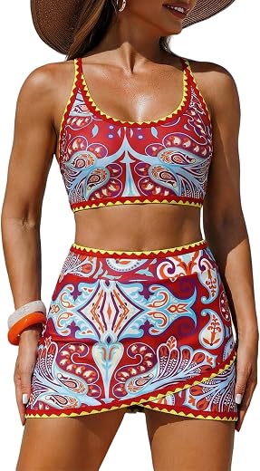 ZAFUL Women Color Block Bikini Set with Wrap Skort Cute Two Piece Swimsuit Bath Suit Summer Beach Swimwear Trendy Outfit