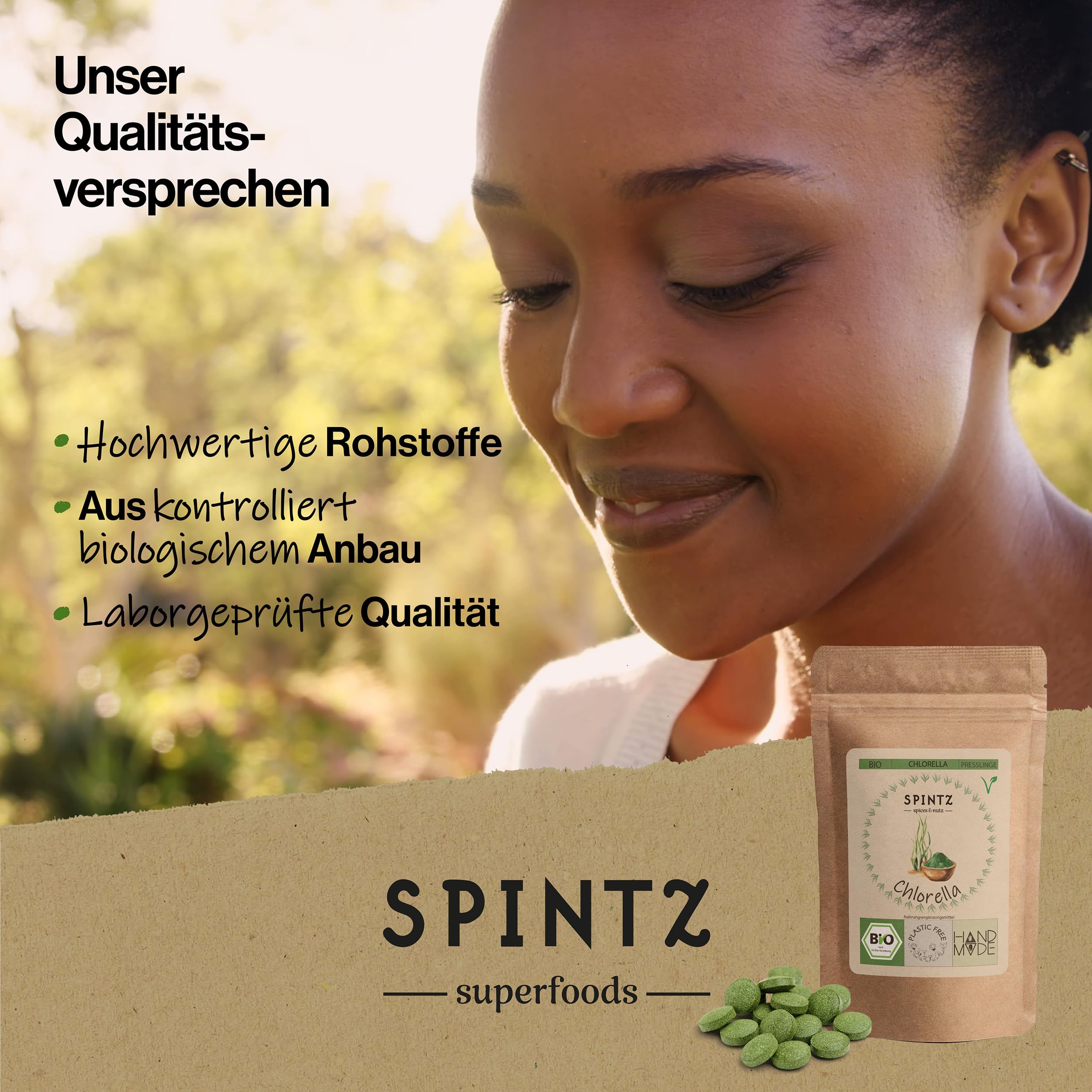 SPINTZ® 1000 Stk. Bio Chlorella Bio Presslinge 100% kontrolliert biologischer Anbau | Vegane Chlorella Tabletten 500mg/Tab | Plastikfrei und nachhaltig verpackte Chlorella Tabletten