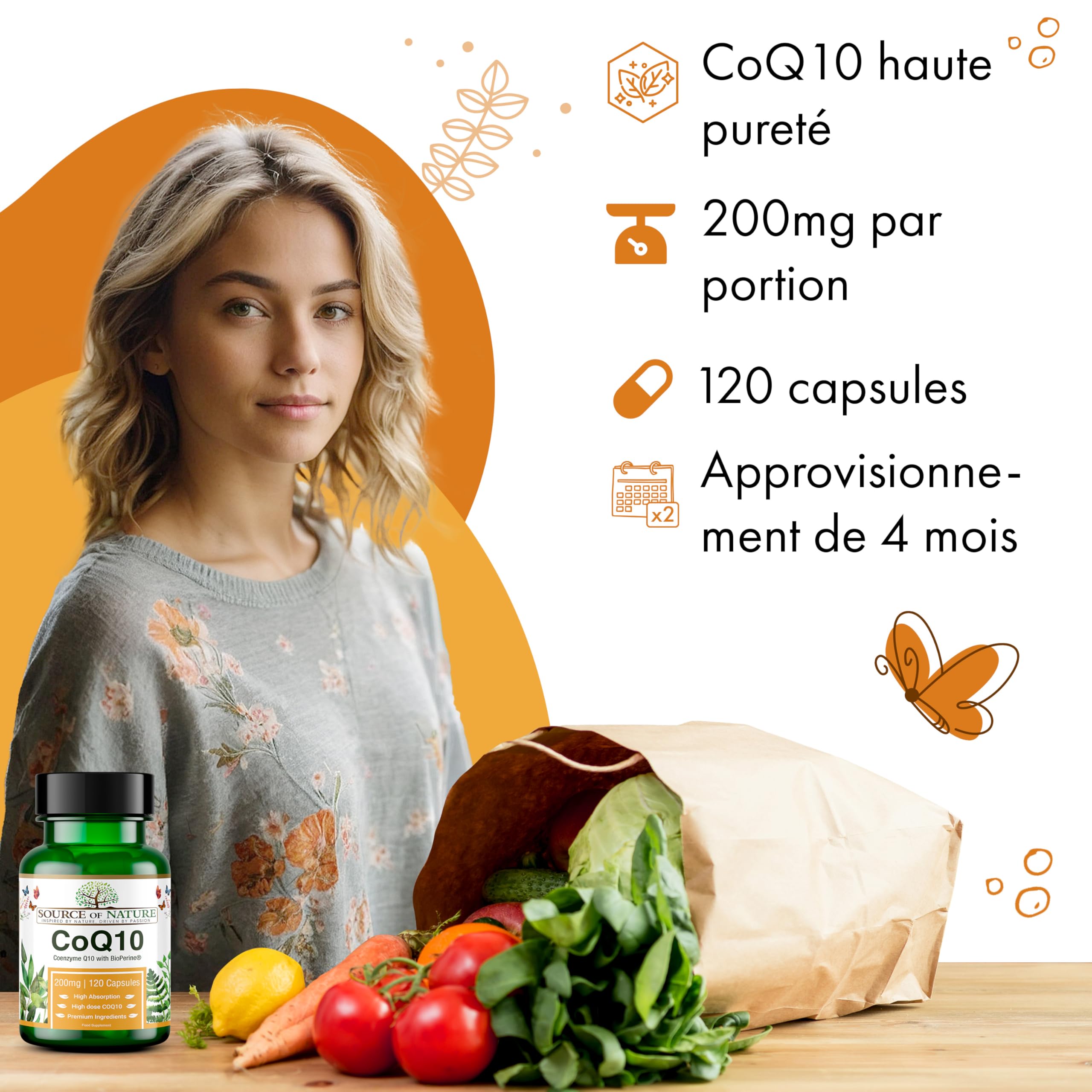 Source of Nature® | CoQ10 200mg | 120 Gélules | Approvisionnement de 4 mois | Haute dose | Coenzyme Q10 pur à 99% | Naturellement fermenté | Avec BioPerine® pour l'absorption | Végétalien