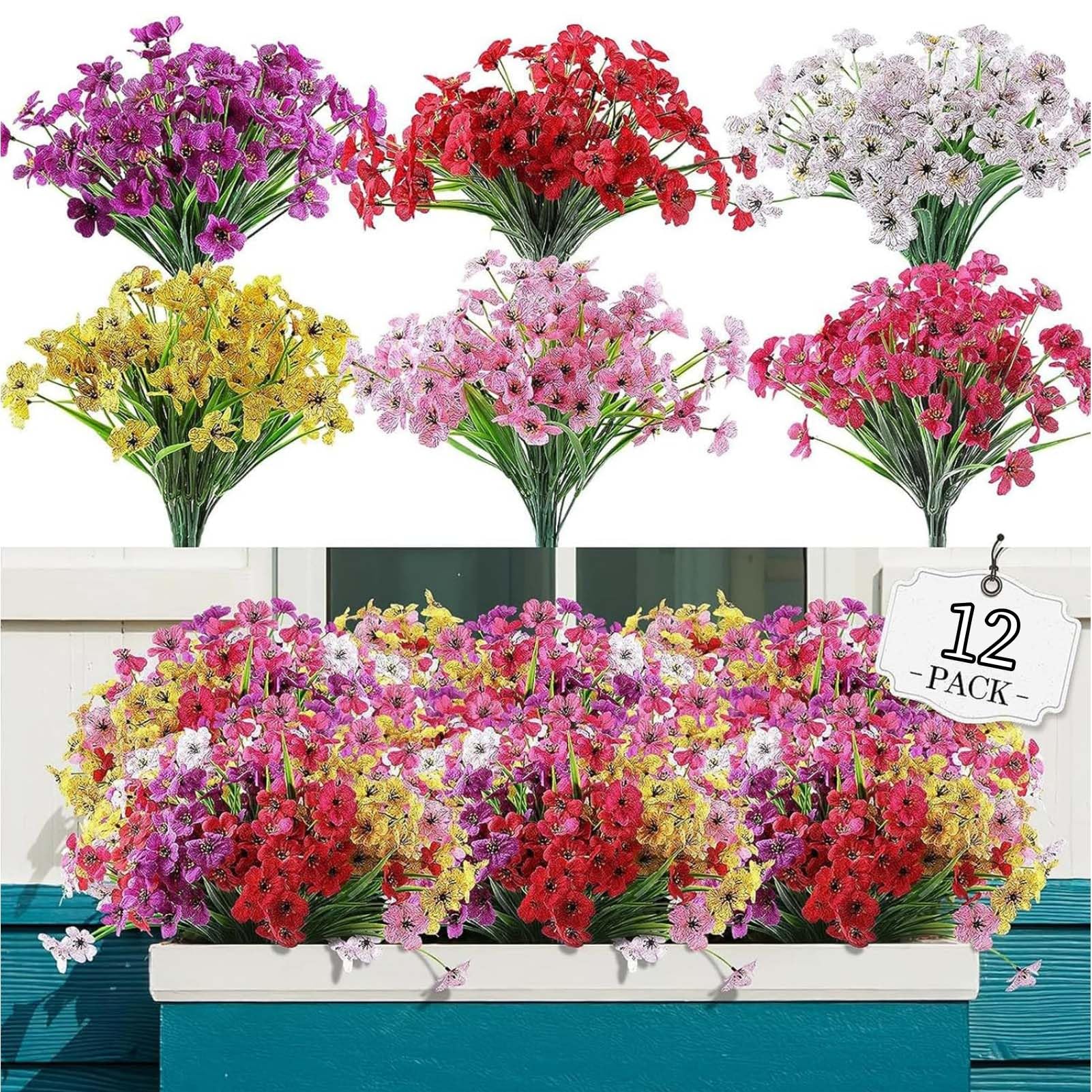 YHOME 12 Bundles Artificial Flowers for Outdoor, No Fade Fake Plastic Flowers Faux Plants for Decoration Hanging Planters Indoor Outside Garden Porch Window Box Home Wedding Farmhouse（6 Colors）