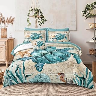 Turtle Comforter Set 6 Pieces Bed in a Bag Ocean Themed Bedding for Kids Boys Girls with 1 Comforter, 1 Pillowcase, 1 Flat Sheet, 1 Fitted Sheet, 1 Cushion Cover, 1 Solid Pillowcase (Twin, Turtle)
