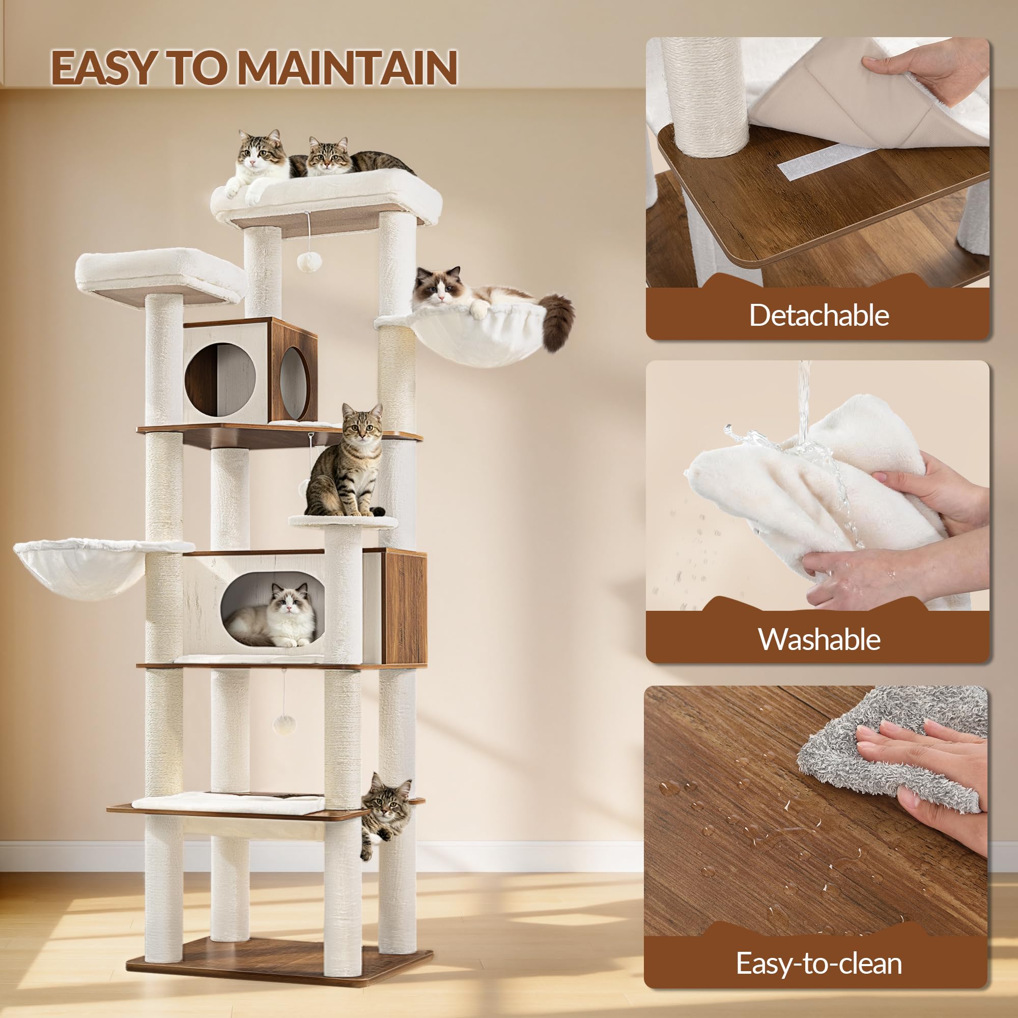Arbre à Chat XXL, 208 cm Tour de Jeu, Marron et Blanc | Grande Niche et Hamac, 2 Plateformes, 5 Poteaux à griffer, Panier, Pom-poms, pour l'intérieur Moderne FPMS016PWR1