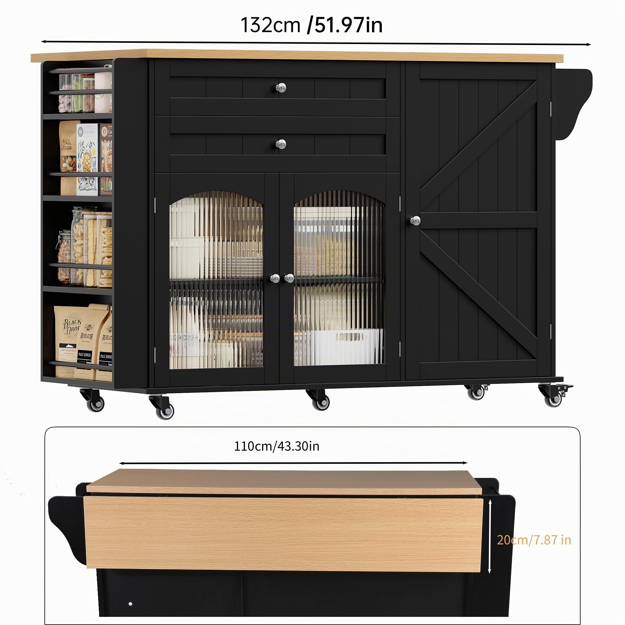 FirFurd Isola Cucina con Piano di Lavoro Pieghevole 132x40x97,5 cm Nero